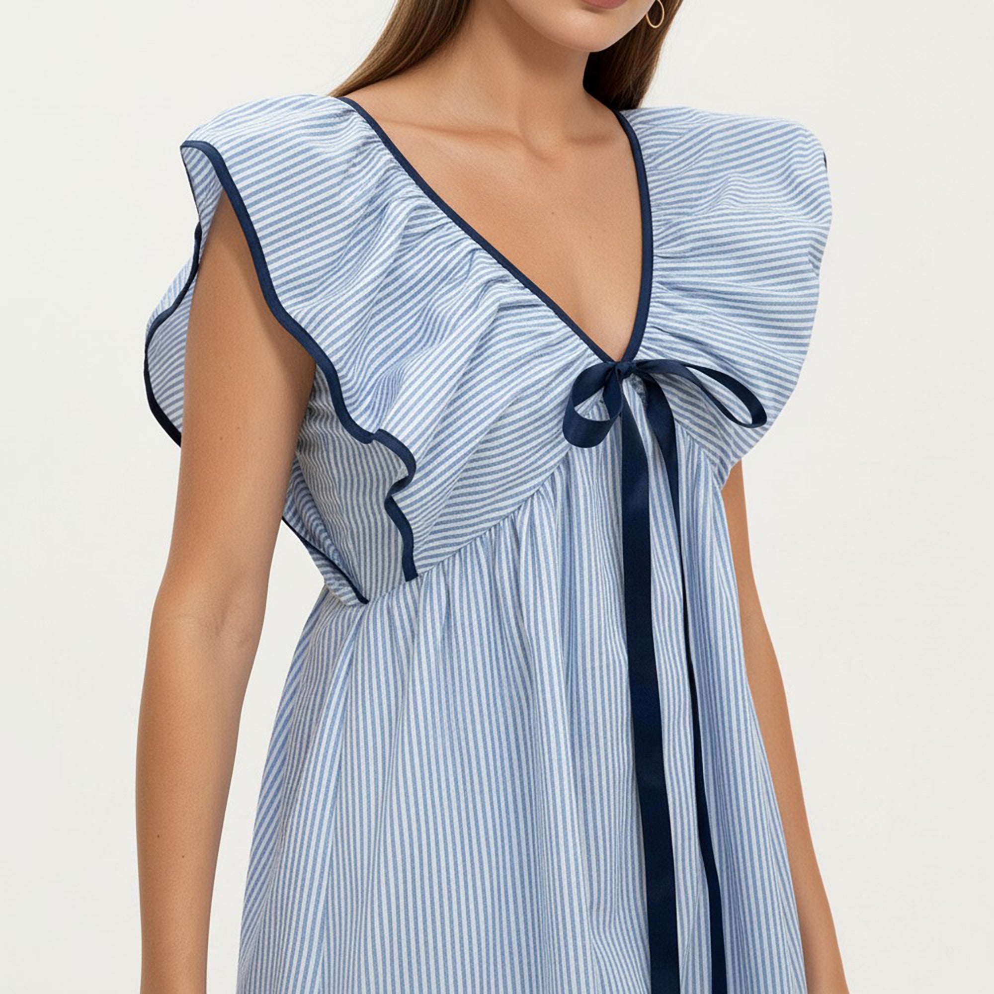 Anna-Kaci Women's Short Sleeve Mini Dress with Stripe Pattern V Neck Ruffle Sleeves Front Tie Detail