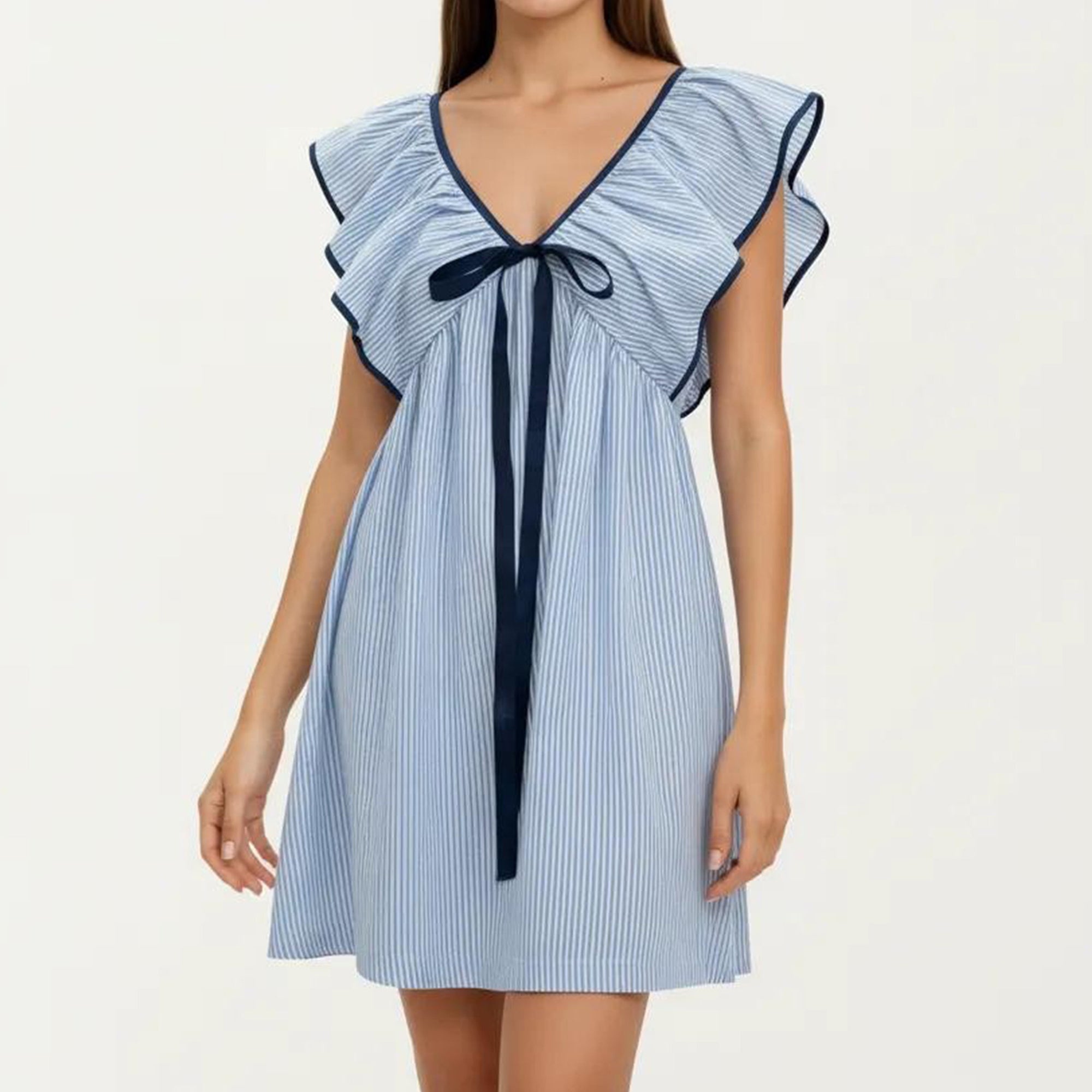 Anna-Kaci Women's Short Sleeve Mini Dress with Stripe Pattern V Neck Ruffle Sleeves Front Tie Detail