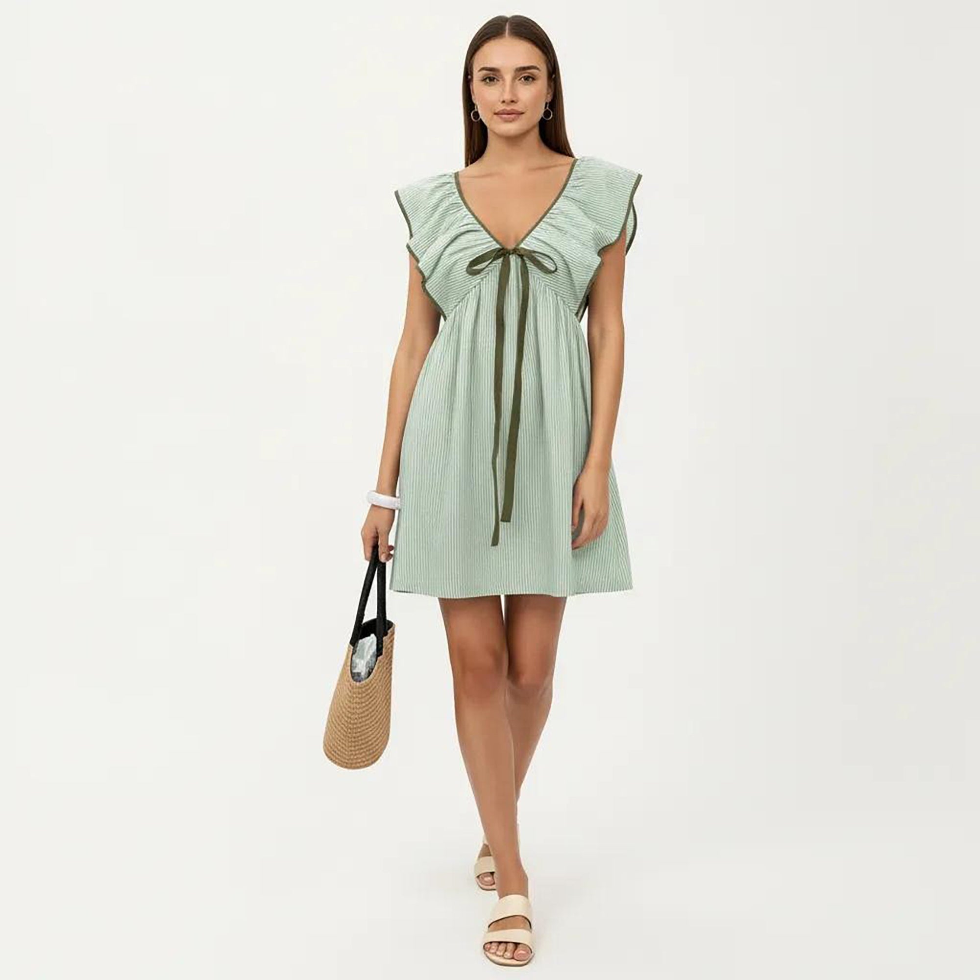 Anna-Kaci Women's Short Sleeve Mini Dress with Stripe Pattern V Neck Ruffle Sleeves Front Tie Detail