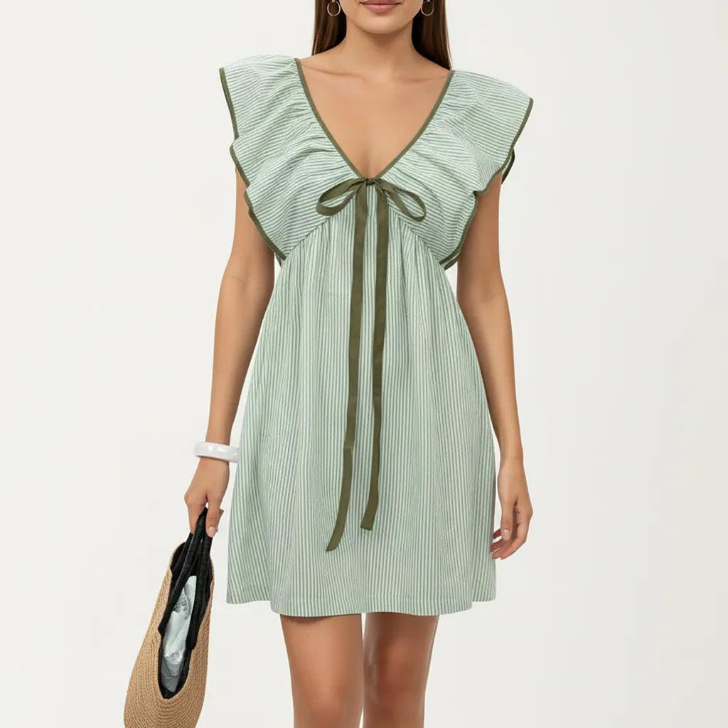 Anna-Kaci Women's Short Sleeve Mini Dress with Stripe Pattern V Neck Ruffle Sleeves Front Tie Detail
