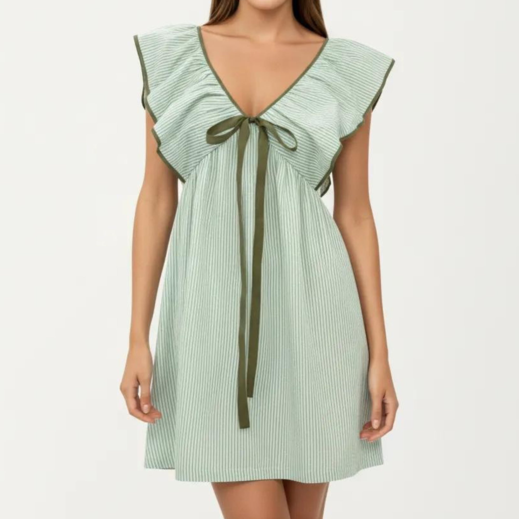 Anna-Kaci Women's Short Sleeve Mini Dress with Stripe Pattern V Neck Ruffle Sleeves Front Tie Detail