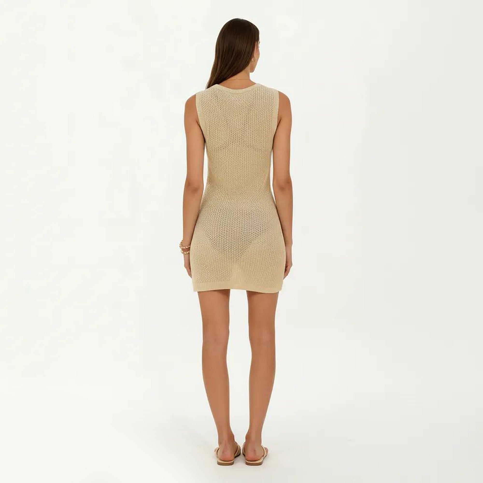Anna-Kaci Women's Sleeveless Knit Cover Up Dress with Deep V Neck Open Knit Texture Ring Detail