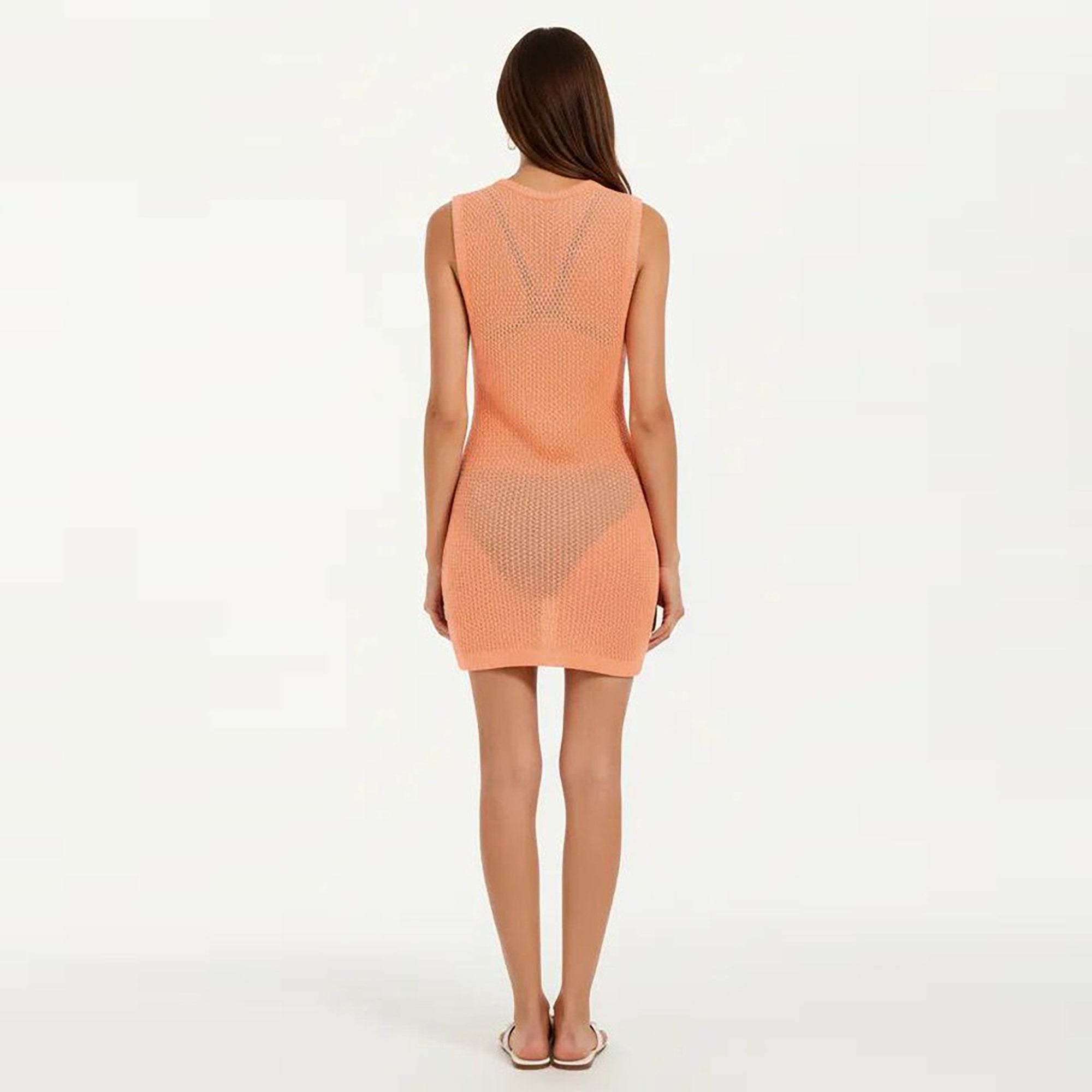 Anna-Kaci Women's Sleeveless Knit Cover Up Dress with Deep V Neck Open Knit Texture Ring Detail