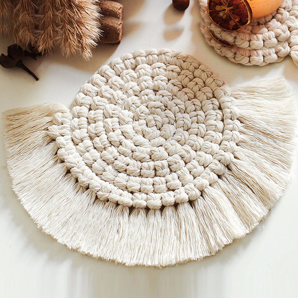 Anna-Kaci Woven Fiber Coaster with Fringe Detail for Tabletop Protection and Decorative Candle Display