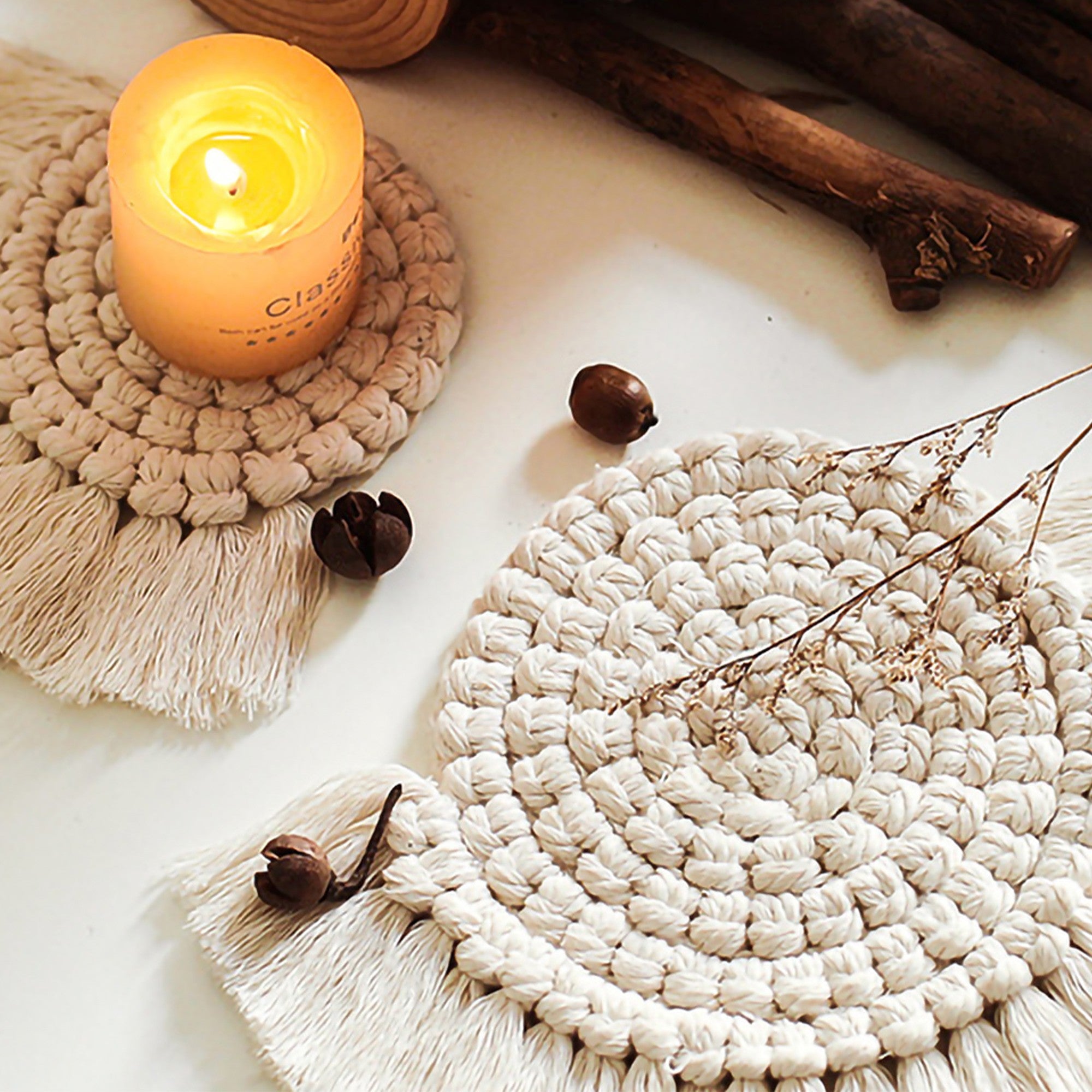 Anna-Kaci Woven Fiber Coaster with Fringe Detail for Tabletop Protection and Decorative Candle Display