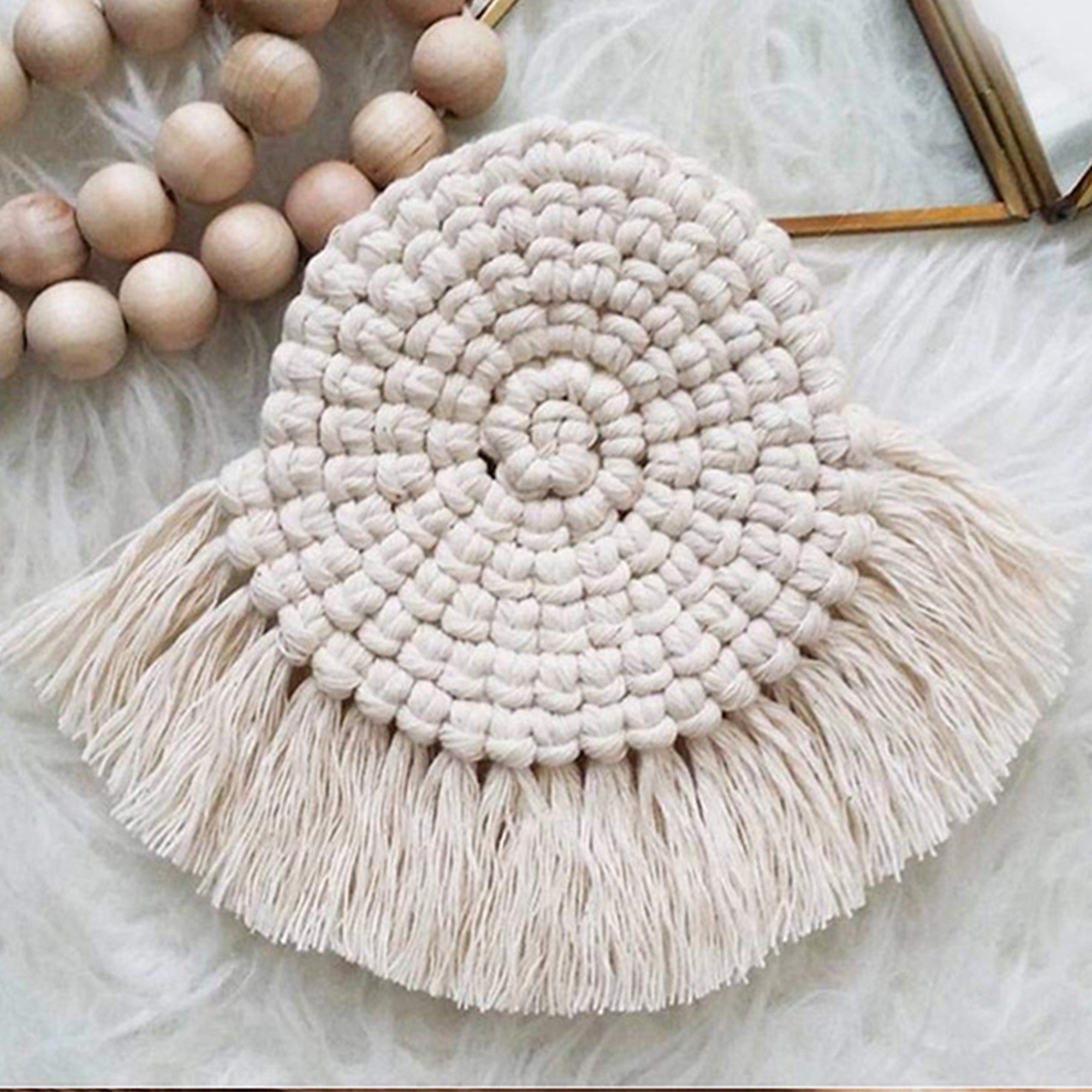 Anna-Kaci Woven Fiber Coaster with Fringe Detail for Tabletop Protection and Decorative Candle Display