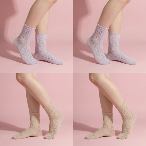 Anna-Kaci 4 Pairs Women's Lace Knit Crew Socks Lightweight Breathable Mesh Style with Elastic Cuff in Assorted Patterns