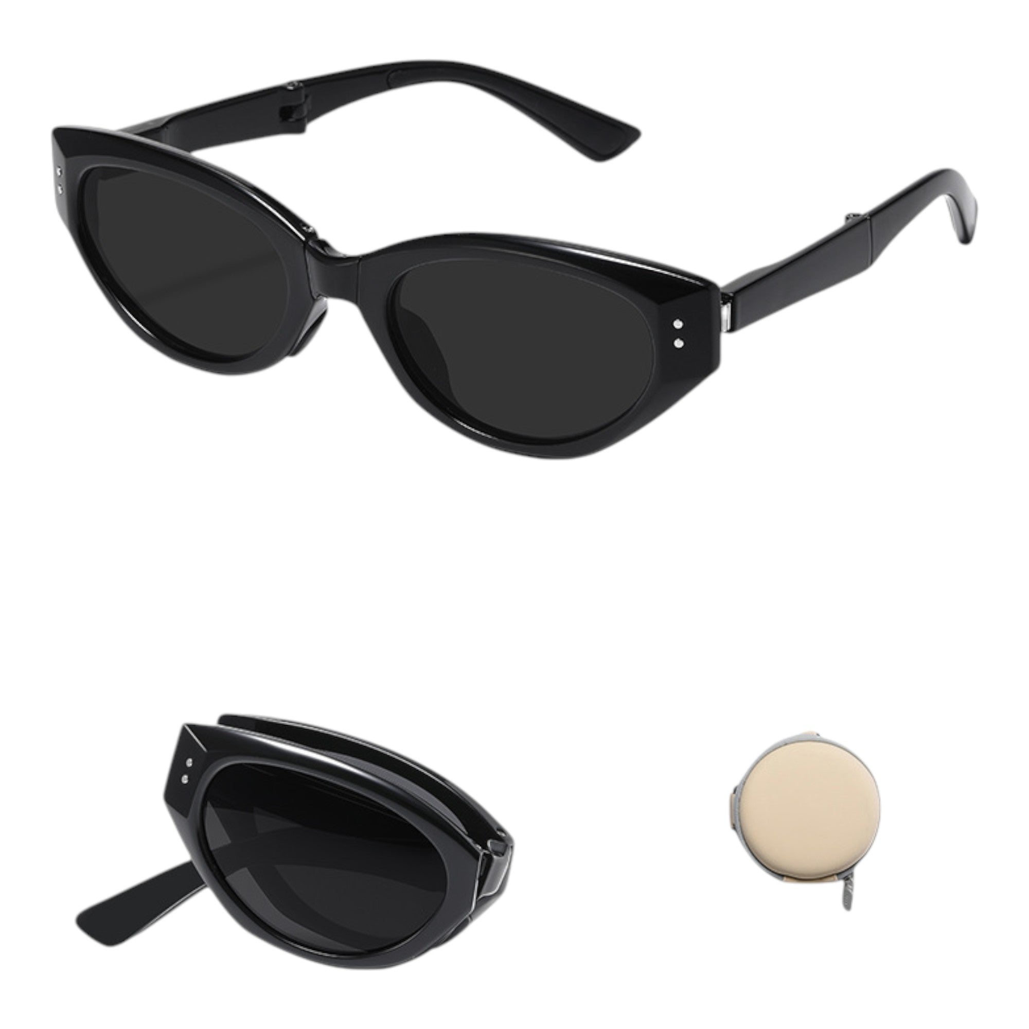 Anna-Kaci Women's Foldable Cat Eye Sunglasses with Compact Round Storage Case and UV Protection