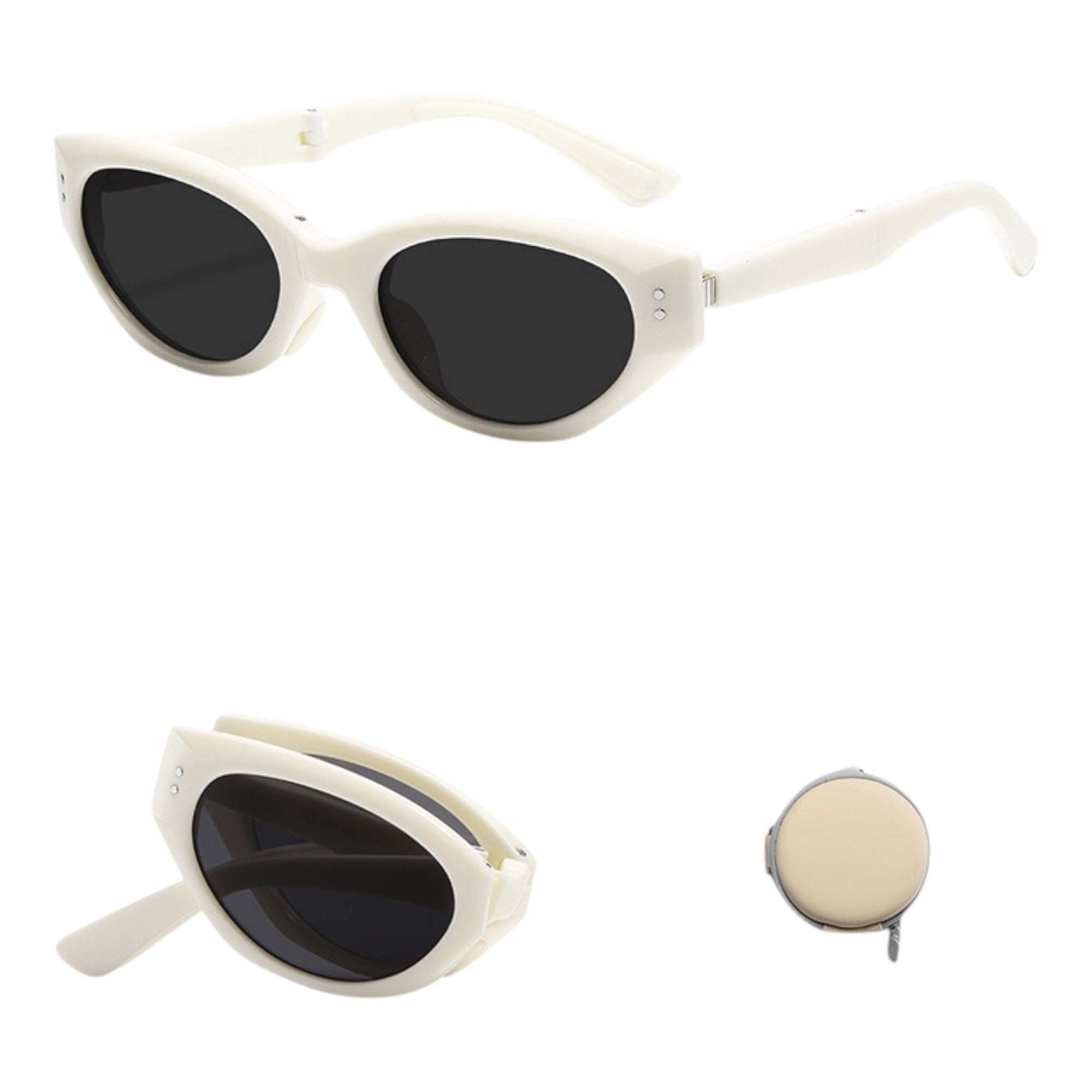 Anna-Kaci Women's Foldable Cat Eye Sunglasses with Compact Round Storage Case and UV Protection