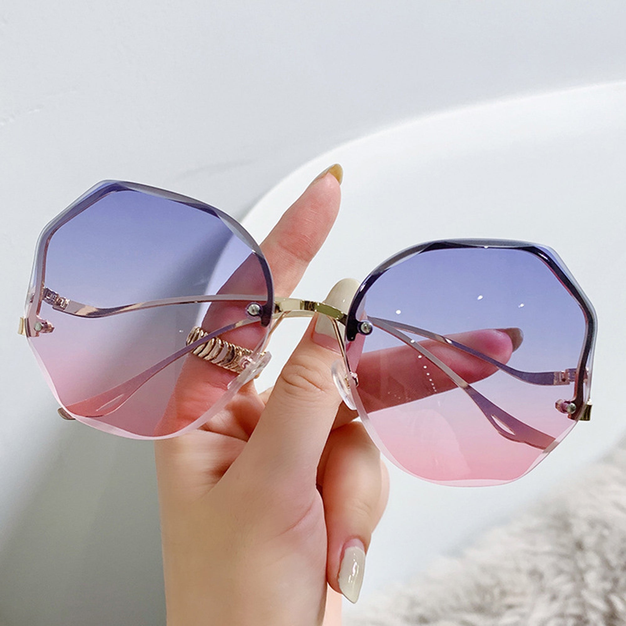 Anna-Kaci Women's Oversized Geometric Rimless Sunglasses with Gradient Lenses and Decorative Storage Case