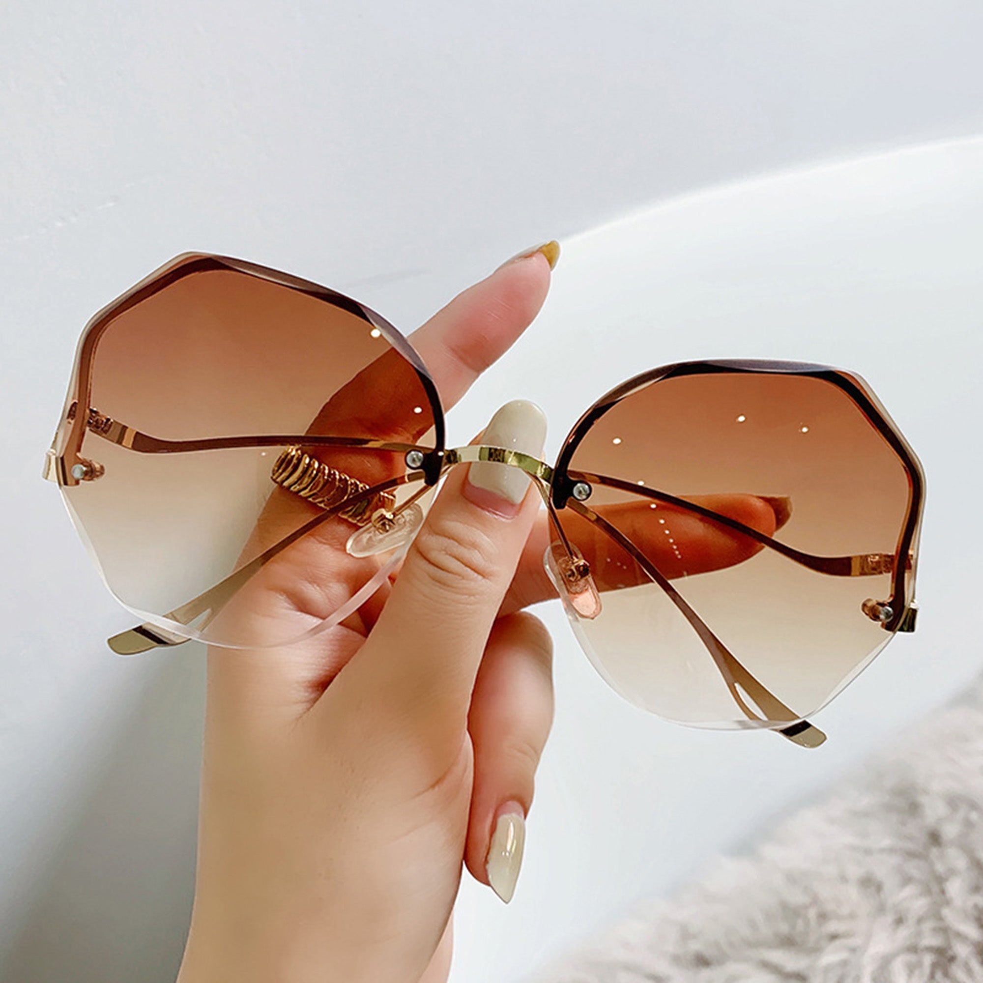 Anna-Kaci Women's Oversized Geometric Rimless Sunglasses with Gradient Lenses and Decorative Storage Case