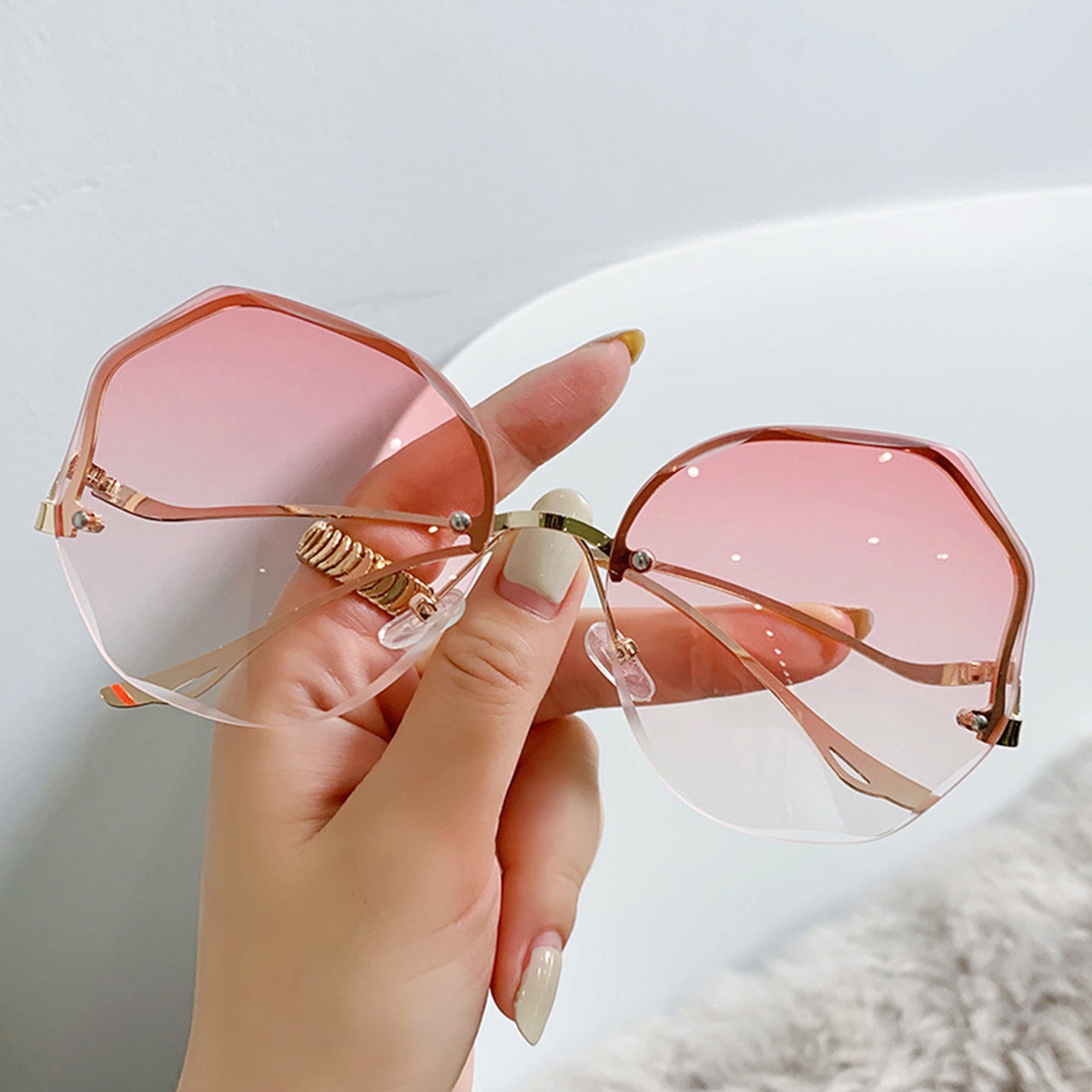 Anna-Kaci Women's Oversized Geometric Rimless Sunglasses with Gradient Lenses and Decorative Storage Case