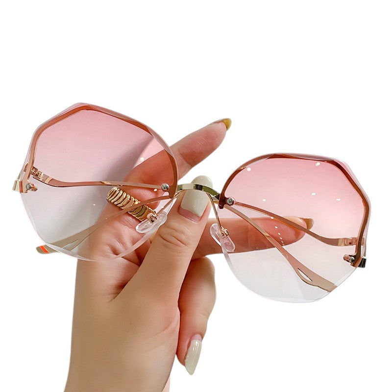 Anna-Kaci Women's Oversized Geometric Rimless Sunglasses with Gradient Lenses and Decorative Storage Case