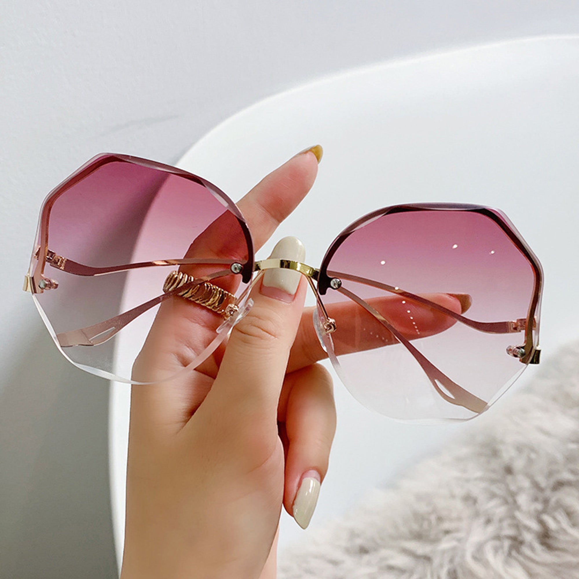 Anna-Kaci Women's Oversized Geometric Rimless Sunglasses with Gradient Lenses and Decorative Storage Case