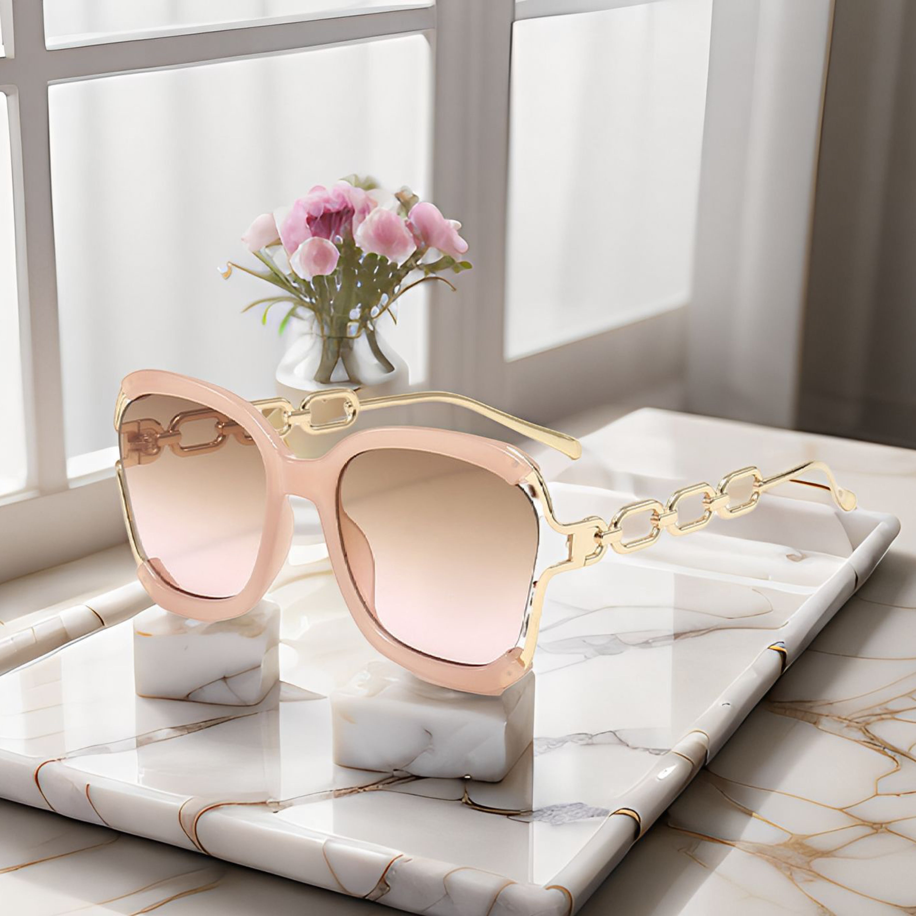 Anna-Kaci Women's Oversized Square Sunglasses with Cutout Chain Link Arms and Glamorous Metal Trim Detailing