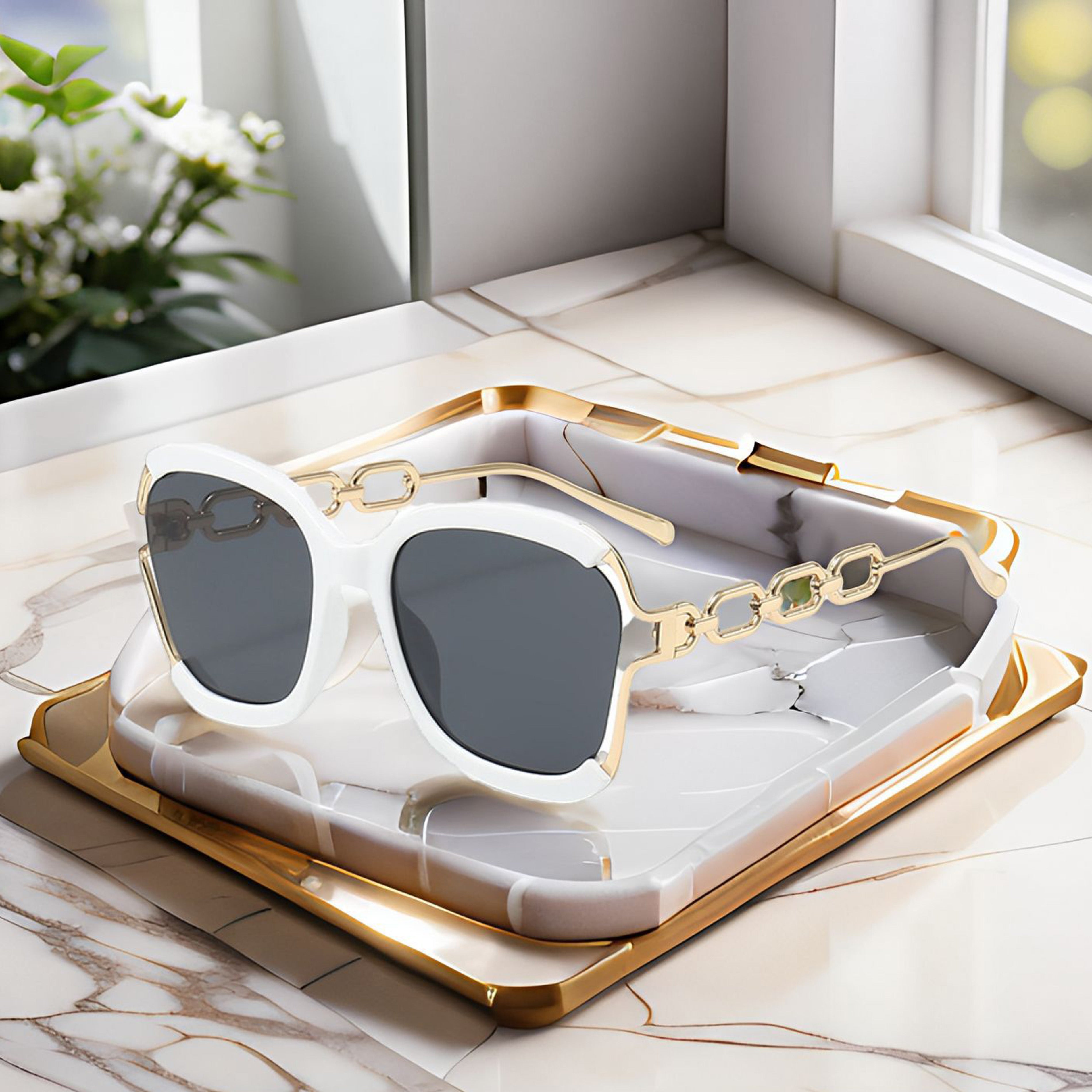 Anna-Kaci Women's Oversized Square Sunglasses with Cutout Chain Link Arms and Glamorous Metal Trim Detailing