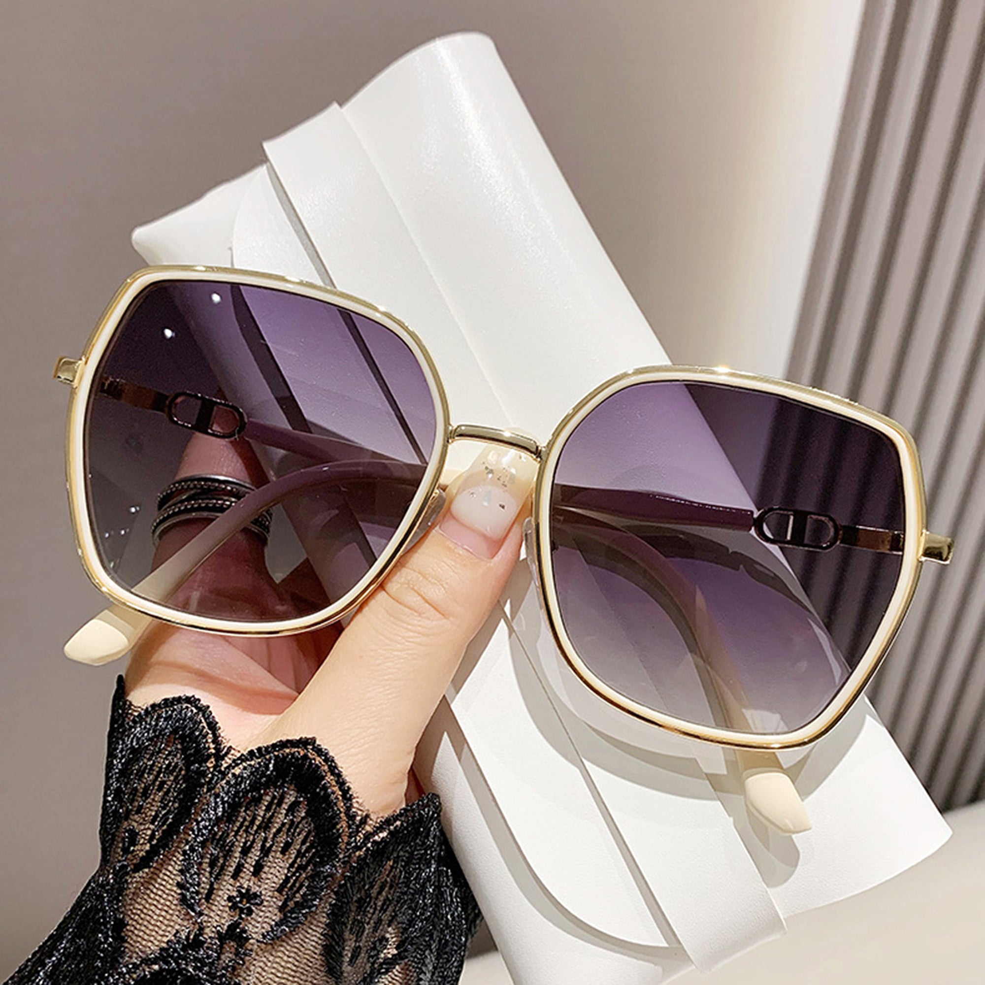 Anna-Kaci Women's Oversized Square Sunglasses with Dual Layer Frame and Gold Temple Accent UV400 Dark Lenses