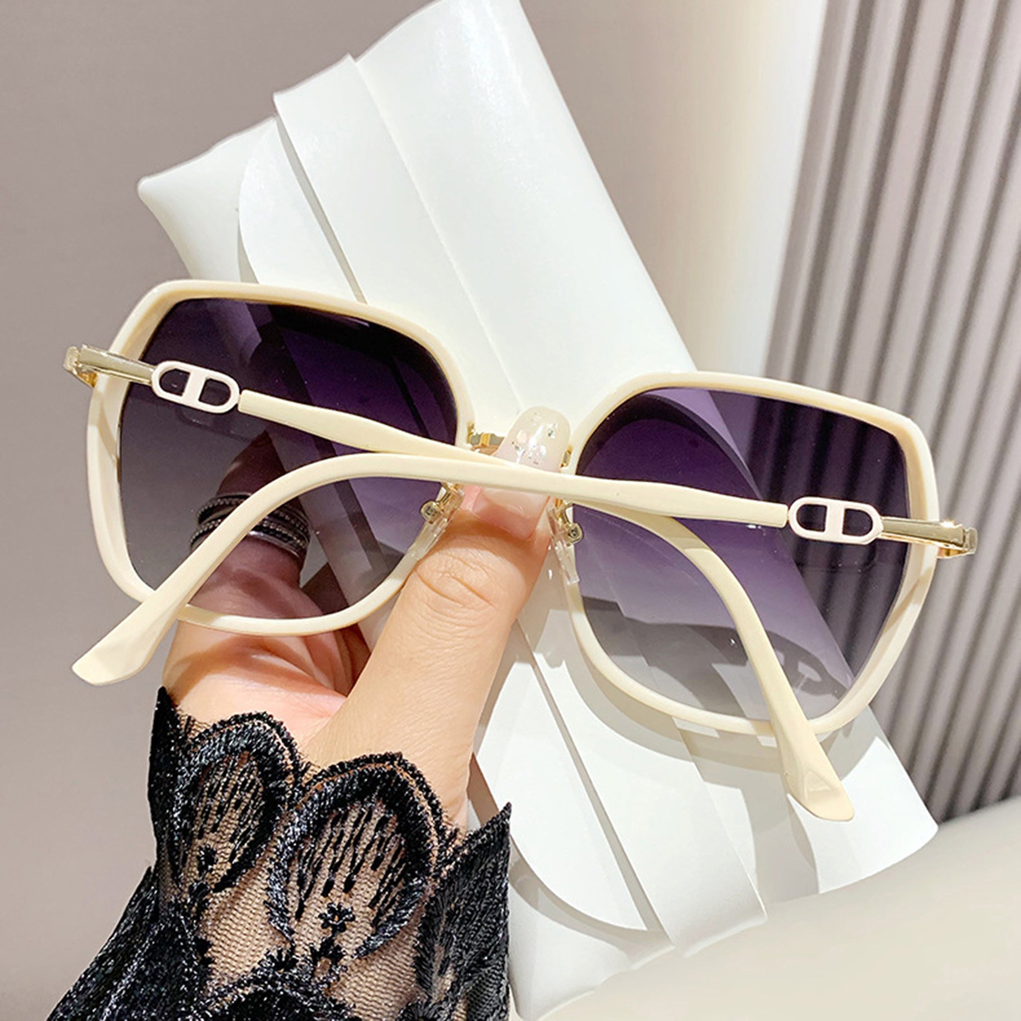 Anna-Kaci Women's Oversized Square Sunglasses with Dual Layer Frame and Gold Temple Accent UV400 Dark Lenses