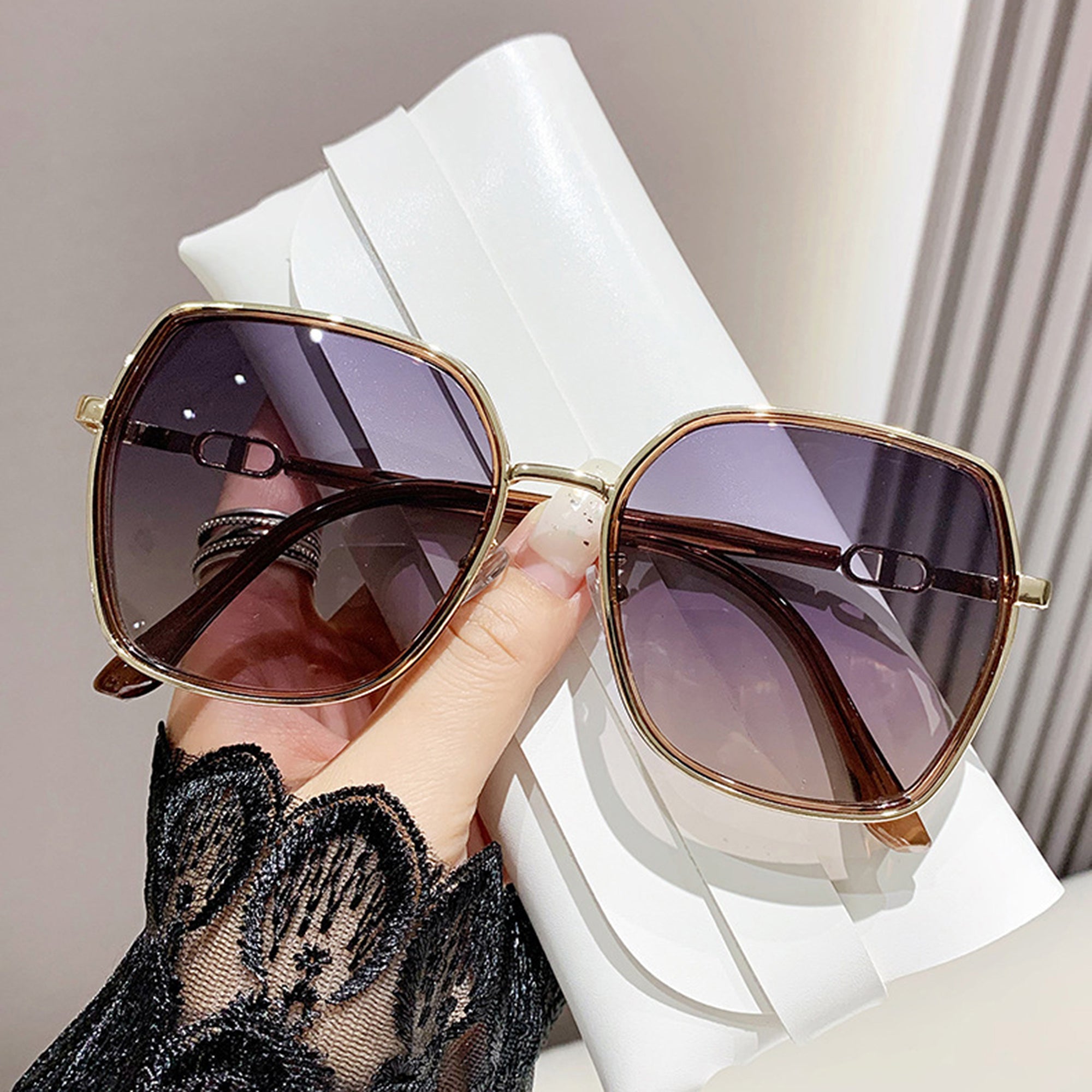 Anna-Kaci Women's Oversized Square Sunglasses with Dual Layer Frame and Gold Temple Accent UV400 Dark Lenses