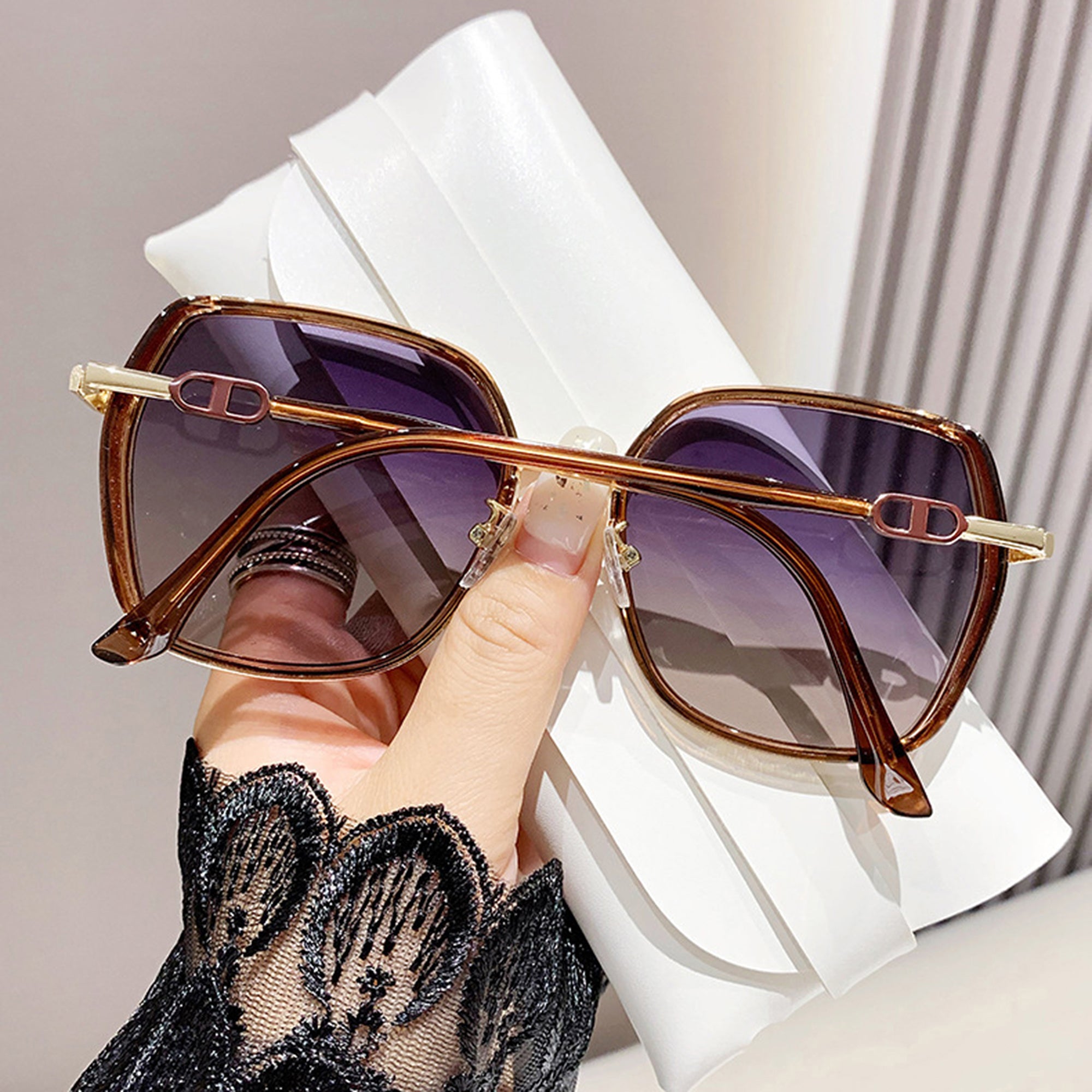 Anna-Kaci Women's Oversized Square Sunglasses with Dual Layer Frame and Gold Temple Accent UV400 Dark Lenses