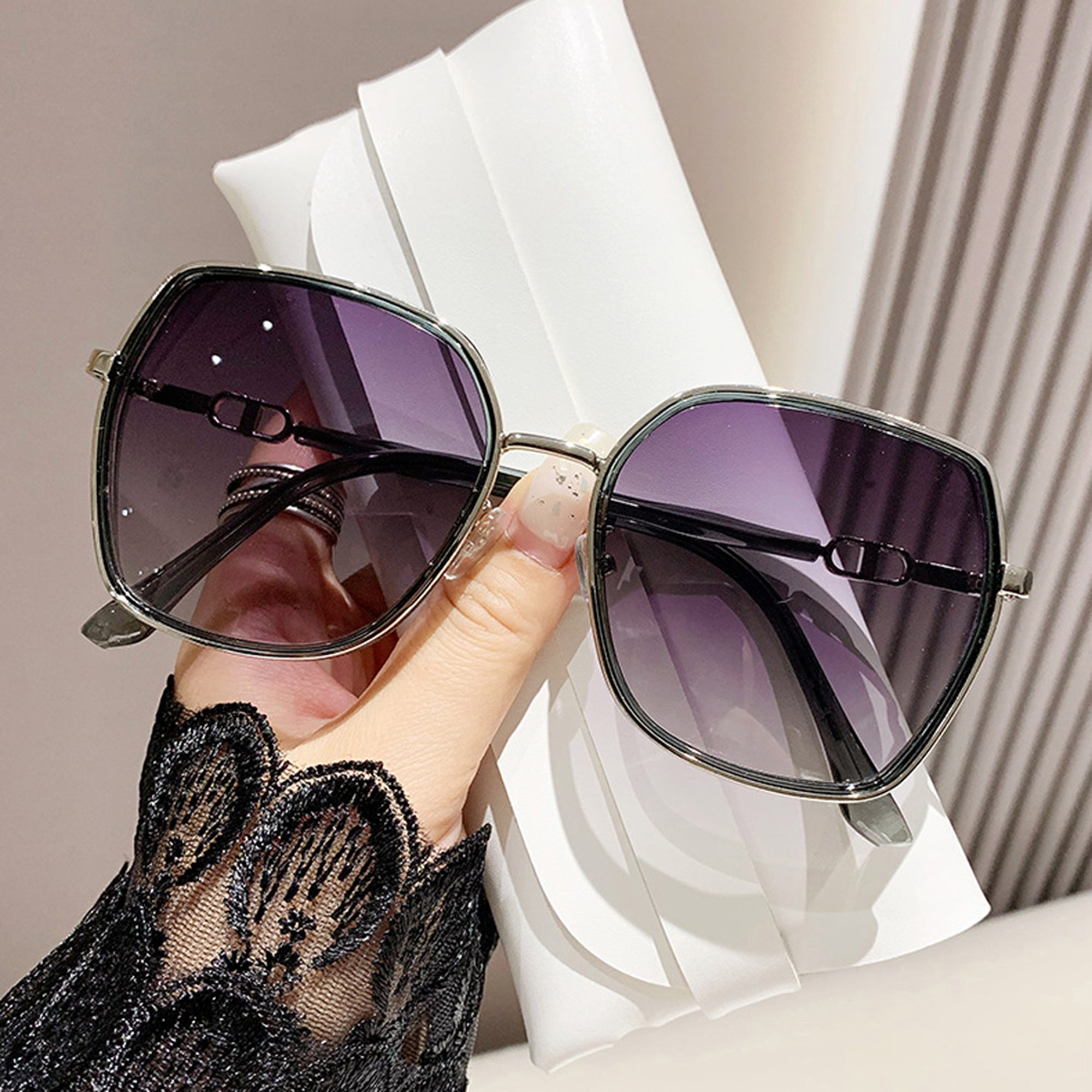 Anna-Kaci Women's Oversized Square Sunglasses with Dual Layer Frame and Gold Temple Accent UV400 Dark Lenses