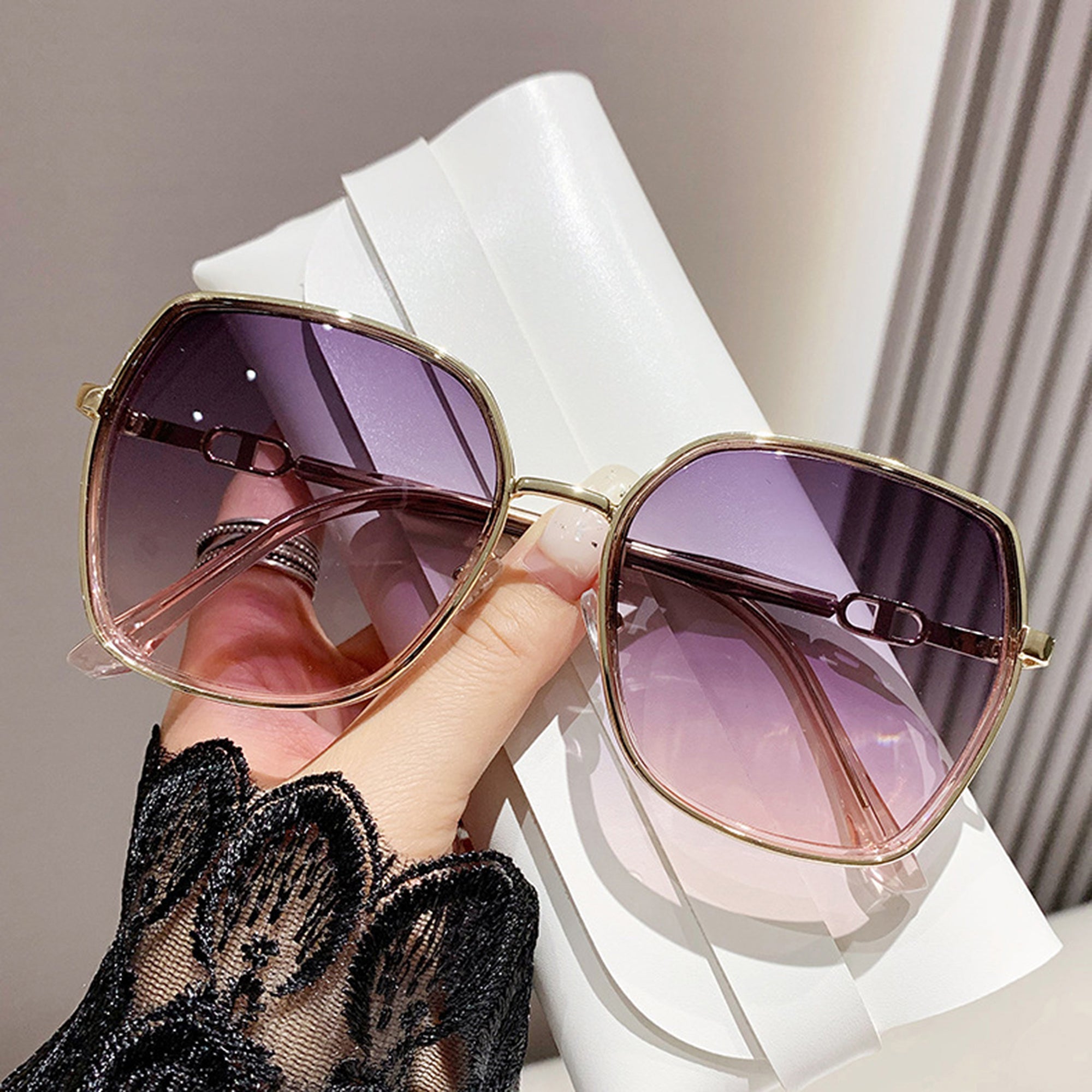 Anna-Kaci Women's Oversized Square Sunglasses with Dual Layer Frame and Gold Temple Accent UV400 Dark Lenses