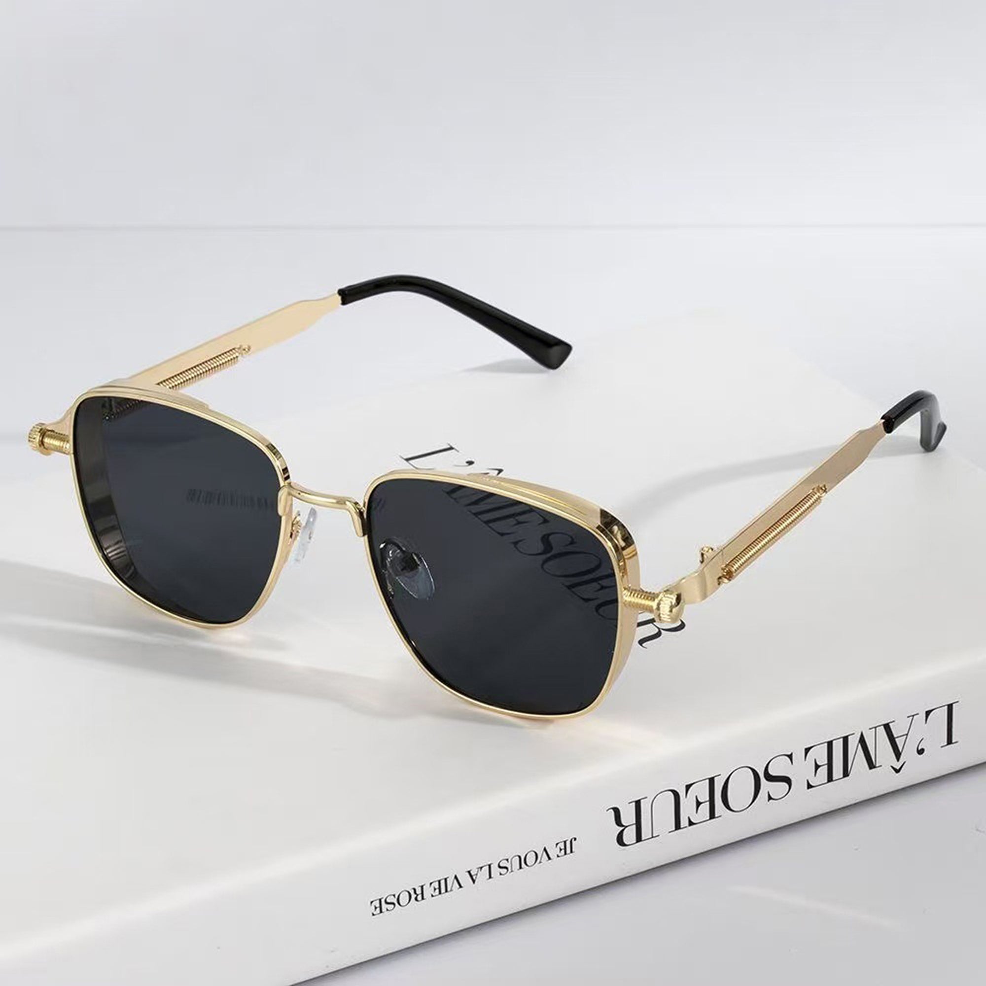 Anna-Kaci Unisex Geometric Square Sunglasses with Metal Frame and Industrial Side Bar Detailing