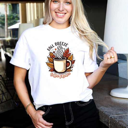 Sip in Style: 'Coffee Please' Shirt featuring a Cup Adorned with Autumn Leaves