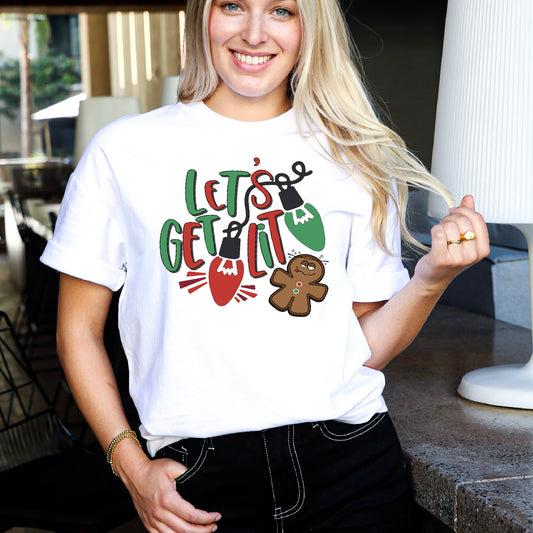 Whimsical Glow: 'Let's Get Lit' Shirt Featuring a Wacky Gingerbread Man