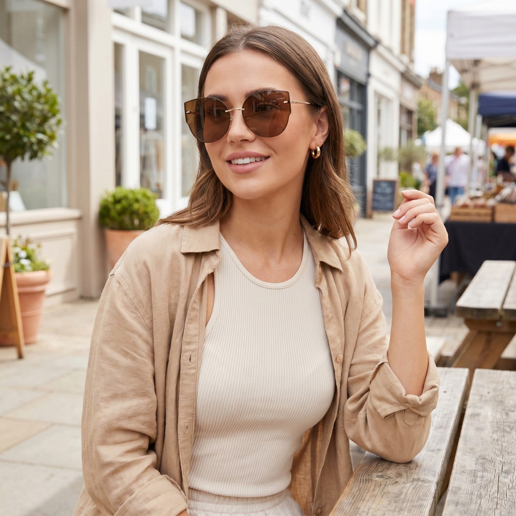 Anna-Kaci Women's Oversized Round Cat Eye Sunglasses with Gradient Brown Lenses and Fashionable Metal Accents