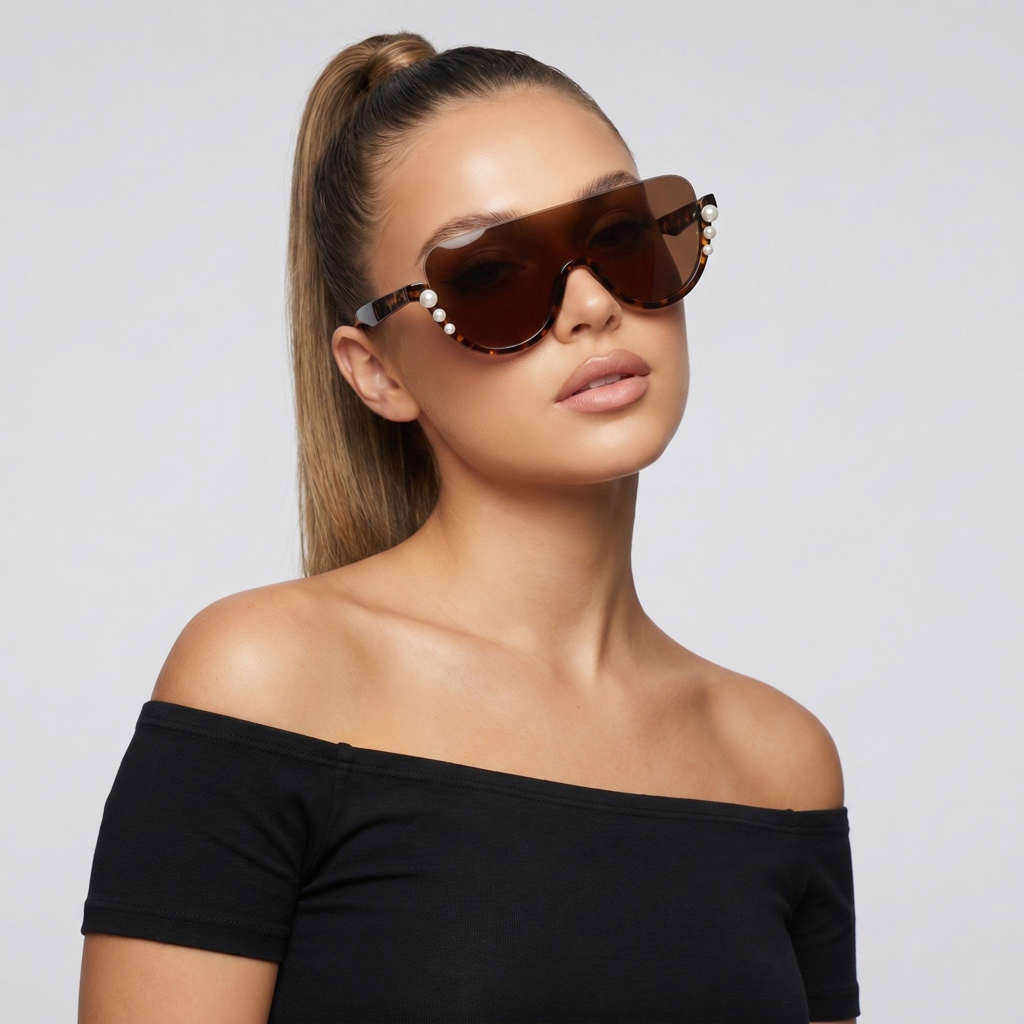 Anna-Kaci Women's Oversized Square Half Frame Sunglasses with Pearl Accent Design for Fashion-Forward Look