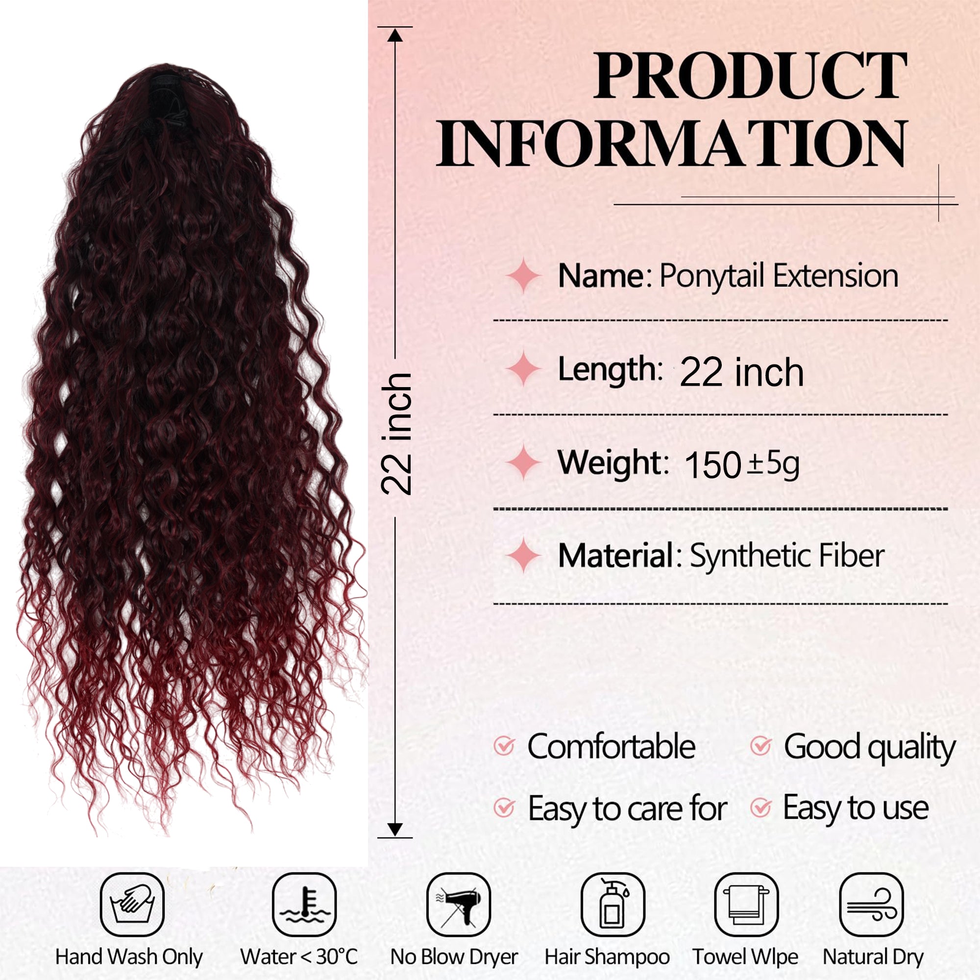 Alilang 22-Inch Long Curly Black Drawstring Ponytail Extension for Women Soft Synthetic Wavy Clip-In Hairpiece