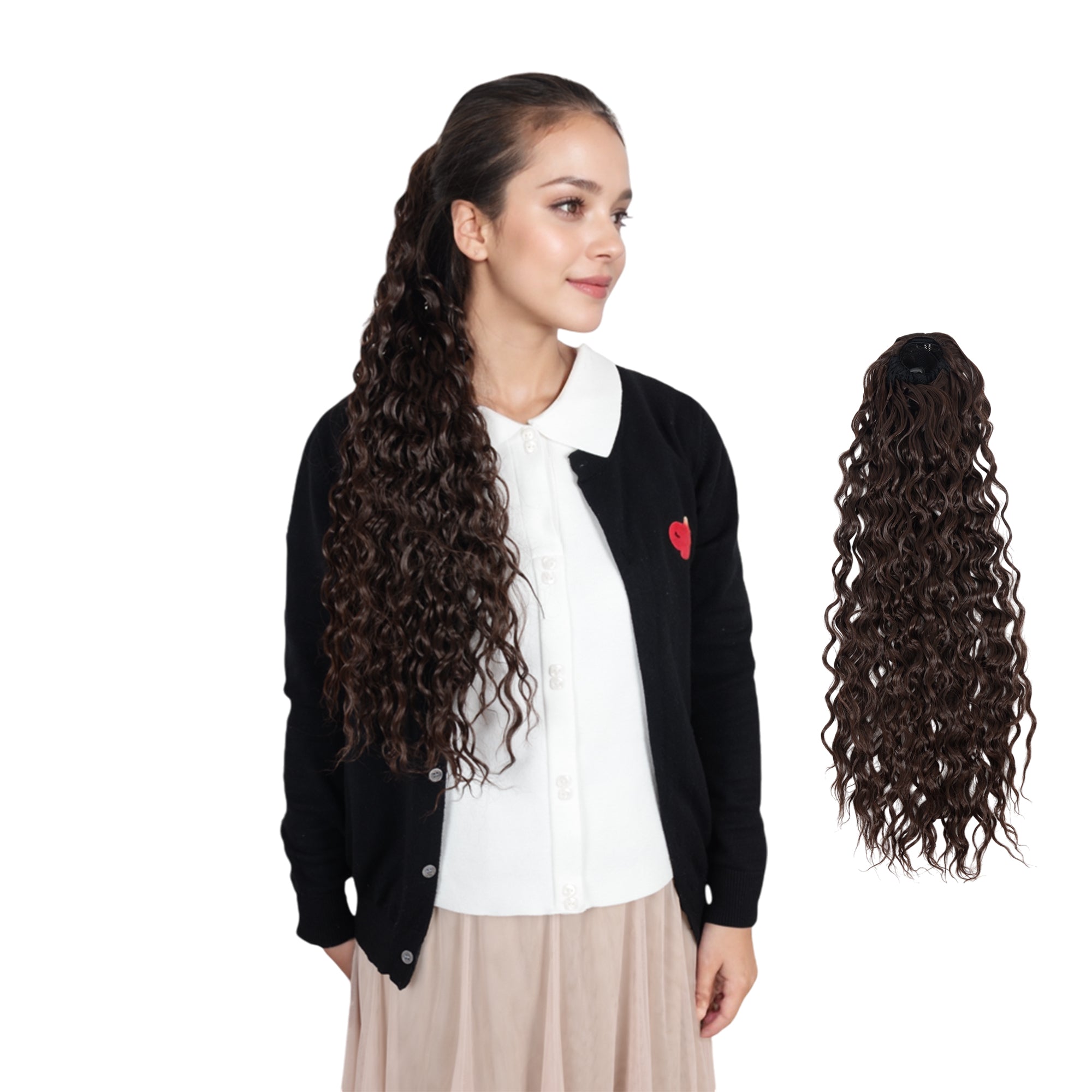Alilang 22-Inch Long Curly Black Drawstring Ponytail Extension for Women Soft Synthetic Wavy Clip-In Hairpiece