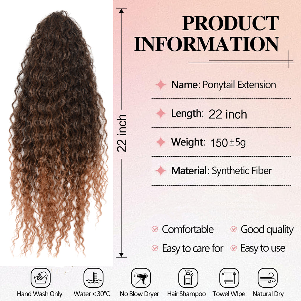 Alilang 22-Inch Long Curly Black Drawstring Ponytail Extension for Women Soft Synthetic Wavy Clip-In Hairpiece