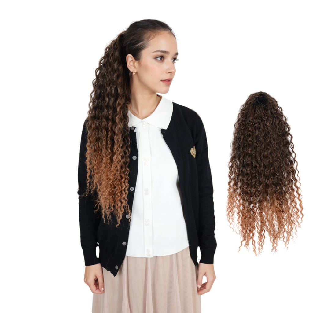 Alilang 22-Inch Long Curly Black Drawstring Ponytail Extension for Women Soft Synthetic Wavy Clip-In Hairpiece