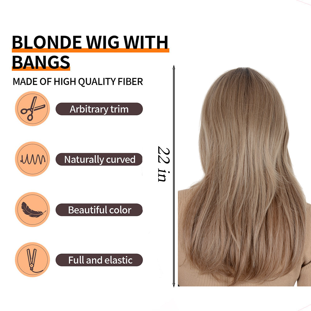 Alilang 22 Inch Long Curly Wig with Bangs Long Haired Wig for Women Curtain Bangs Synthetic Layered Wig Long Wavy Wig