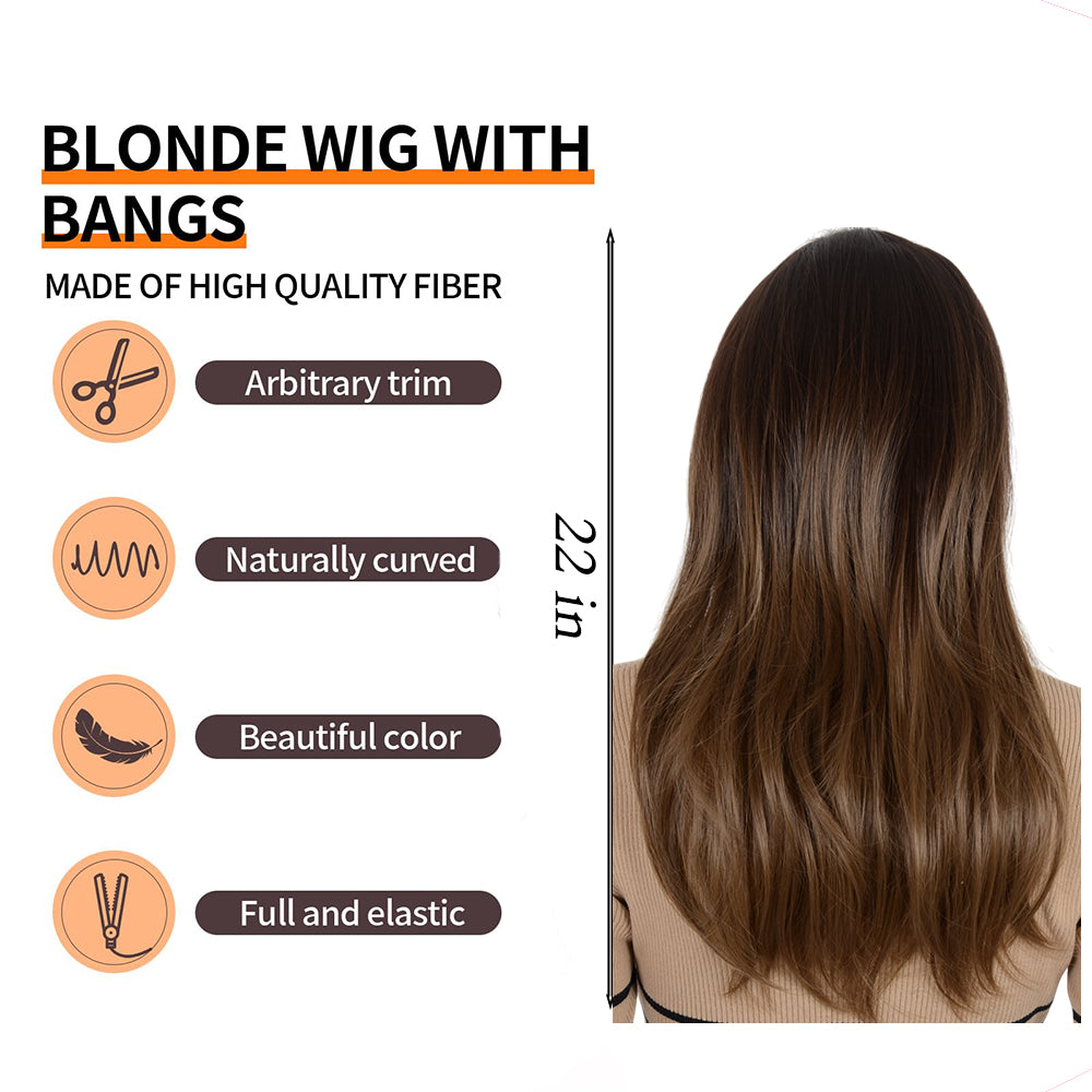 Alilang 22 Inch Long Curly Wig with Bangs Long Haired Wig for Women Curtain Bangs Synthetic Layered Wig Long Wavy Wig