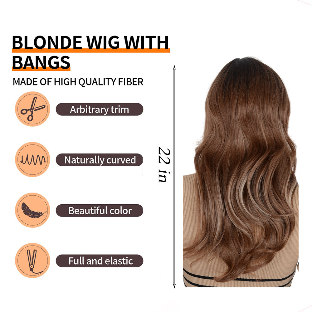 Alilang 22 Inch Long Curly Wig with Bangs Long Haired Wig for Women Curtain Bangs Synthetic Layered Wig Long Wavy Wig