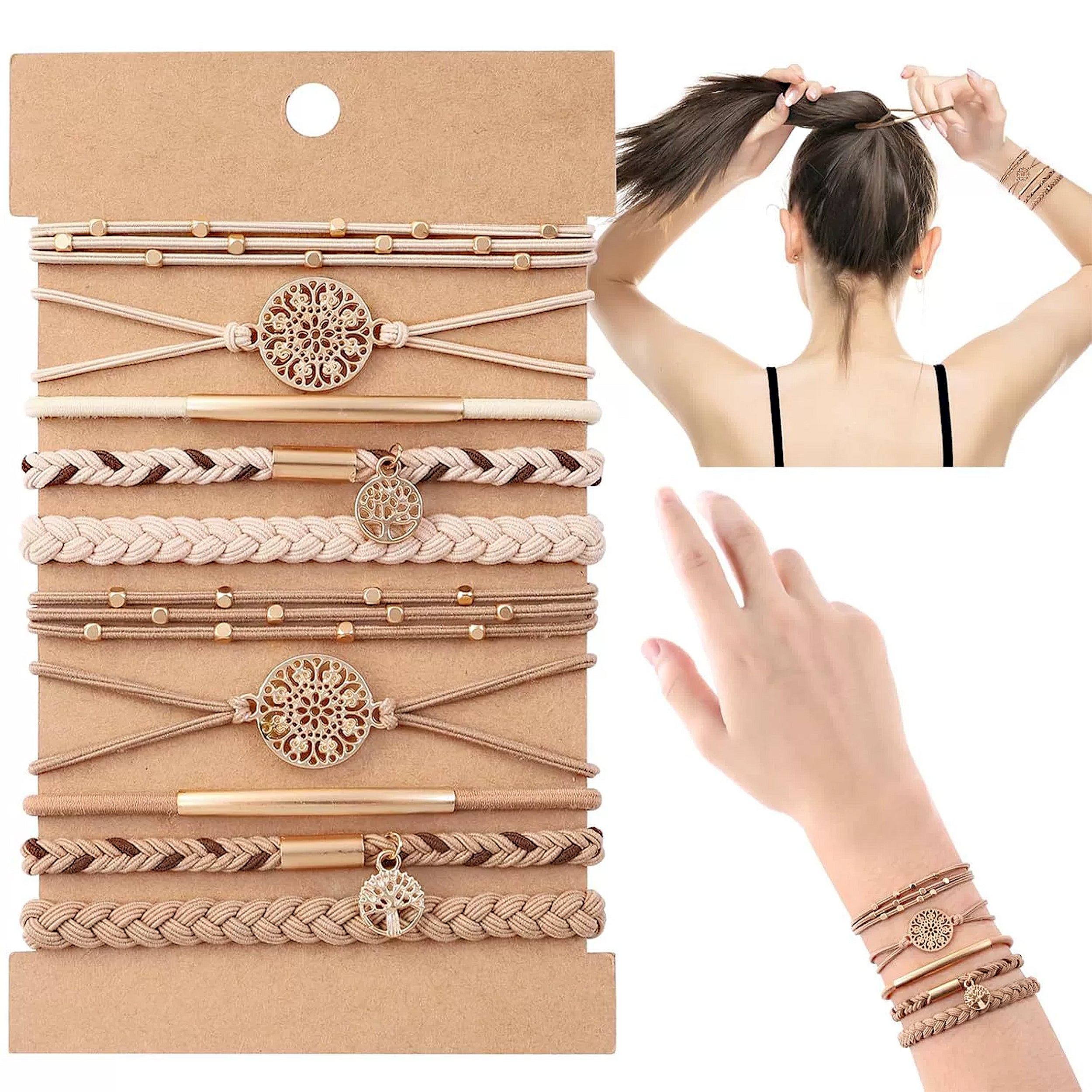 Anna-Kaci 10PCs Hair Ties Bracelet for Women 5 Styles Soft Braided Boho Hair Bands Elastic Hair Accessories
