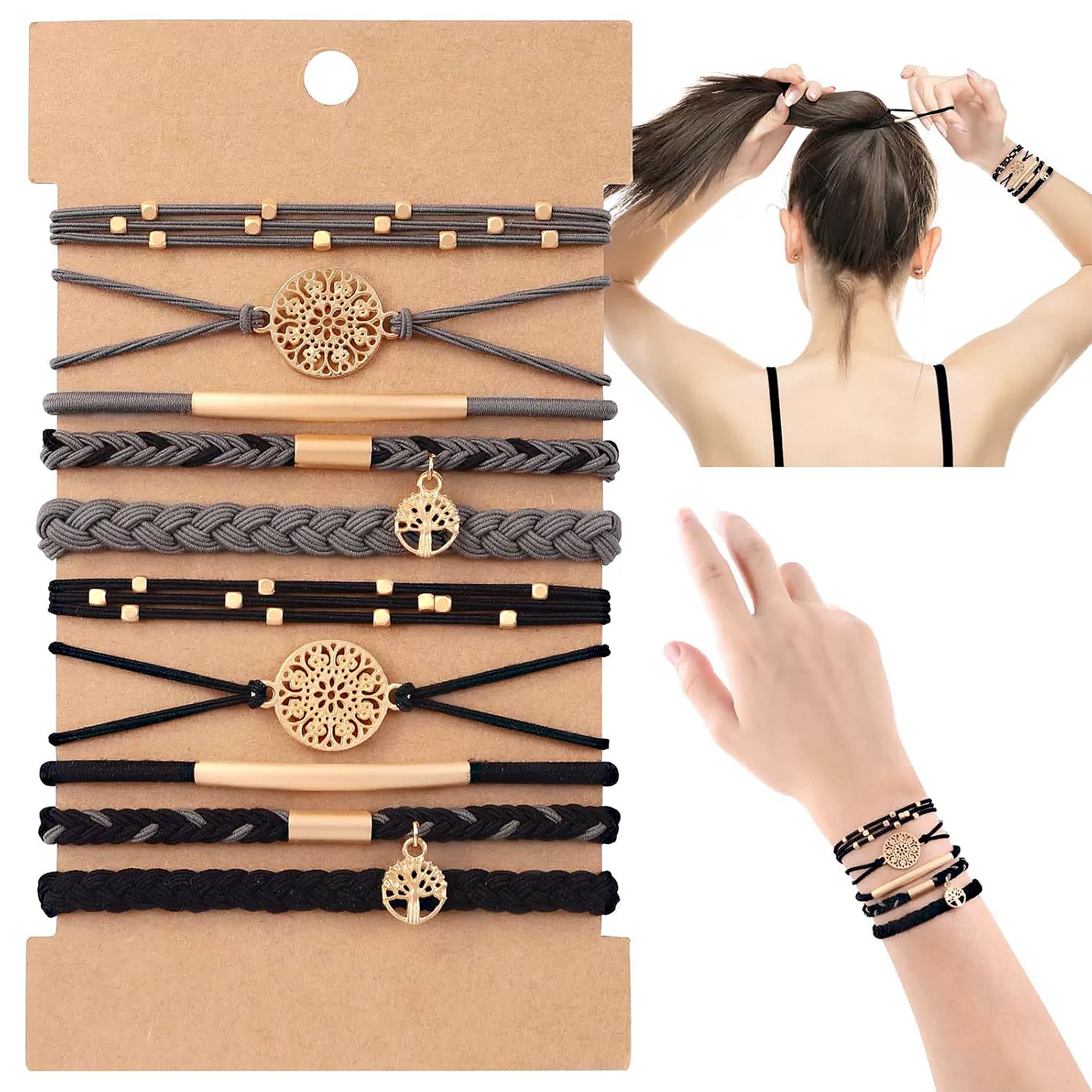 Anna-Kaci 10PCs Hair Ties Bracelet for Women 5 Styles Soft Braided Boho Hair Bands Elastic Hair Accessories