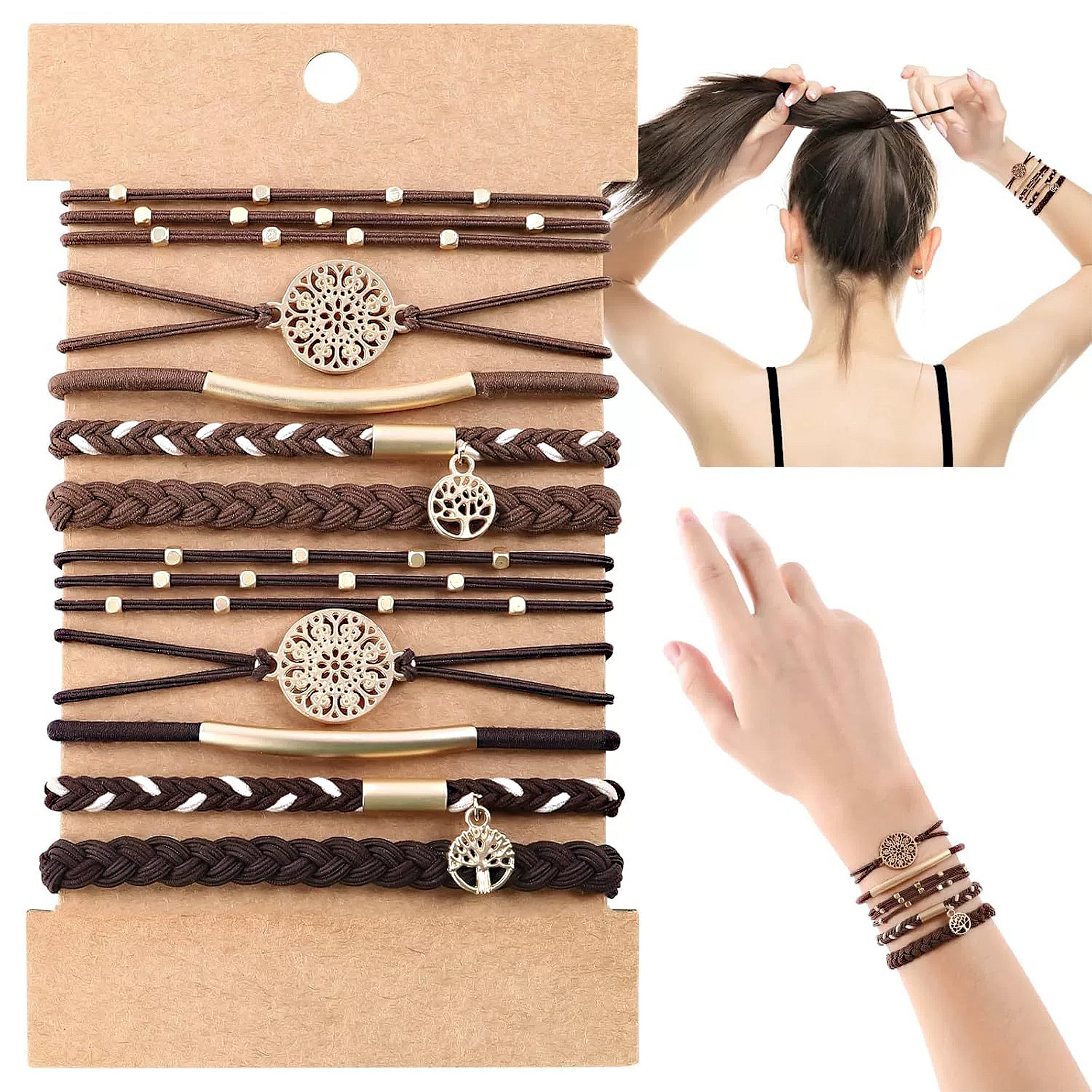 Anna-Kaci 10PCs Hair Ties Bracelet for Women 5 Styles Soft Braided Boho Hair Bands Elastic Hair Accessories