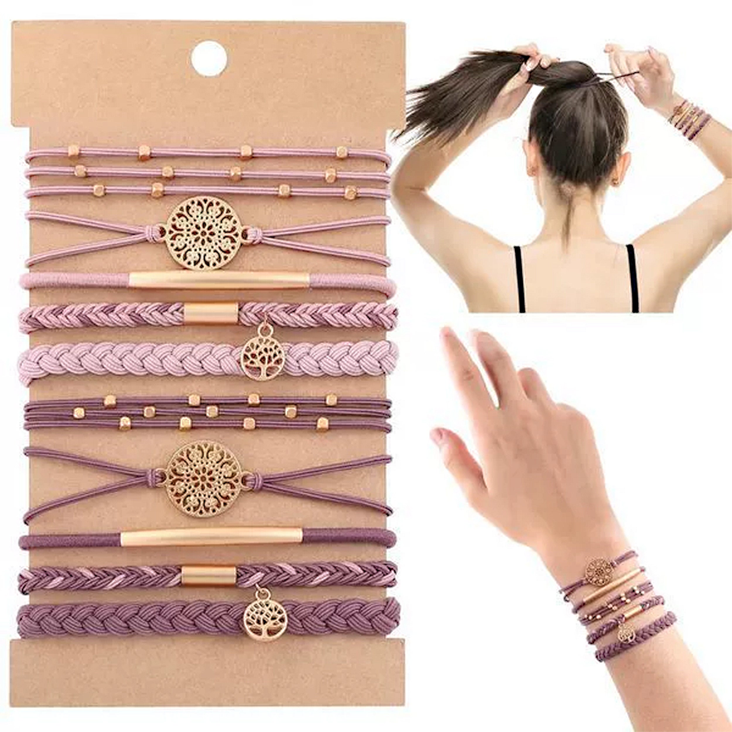 Anna-Kaci 10PCs Hair Ties Bracelet for Women 5 Styles Soft Braided Boho Hair Bands Elastic Hair Accessories