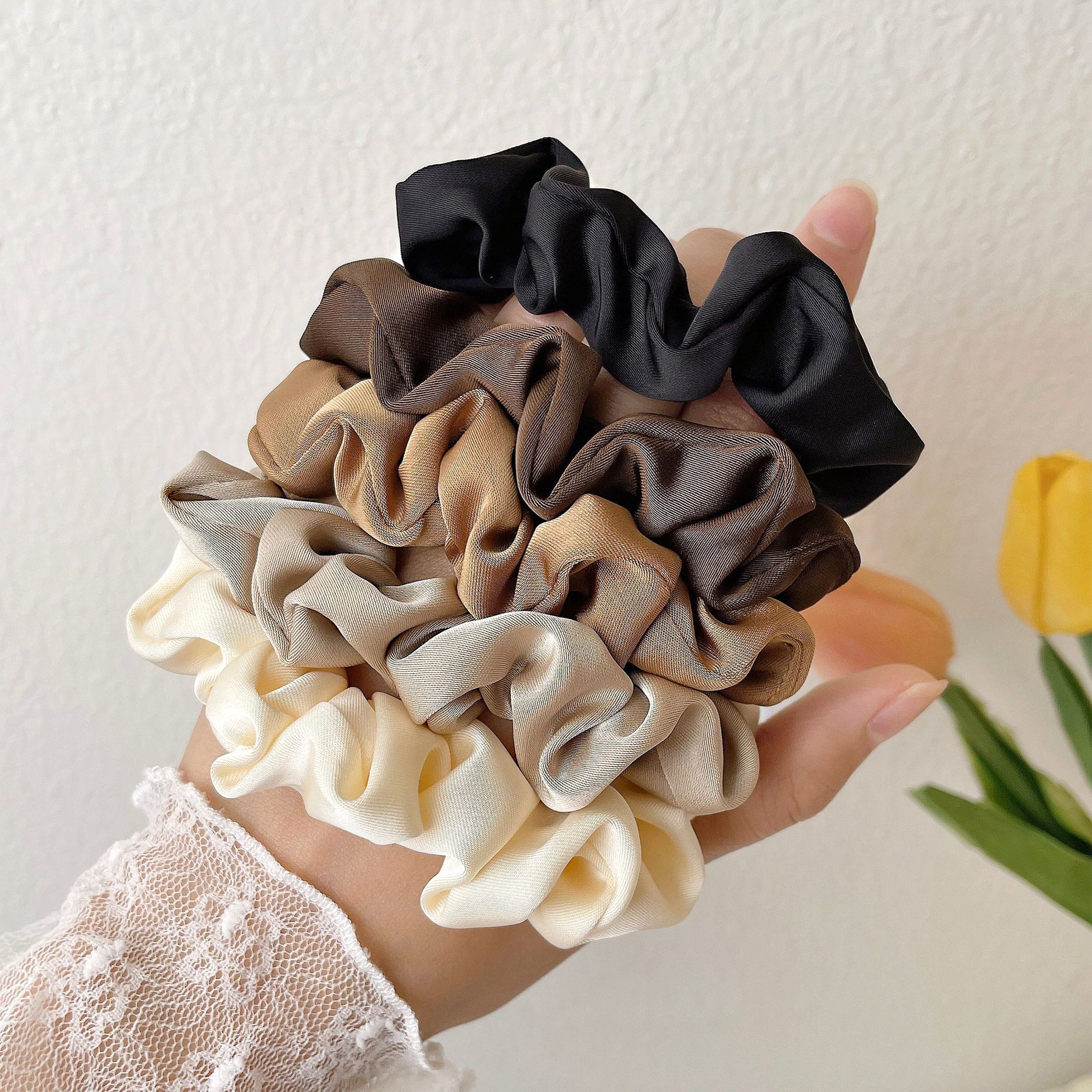 Anna-Kaci 5PCs Classic Solid Color Hair Scrunchies Ties Hair Band Accessories for Women and Girls