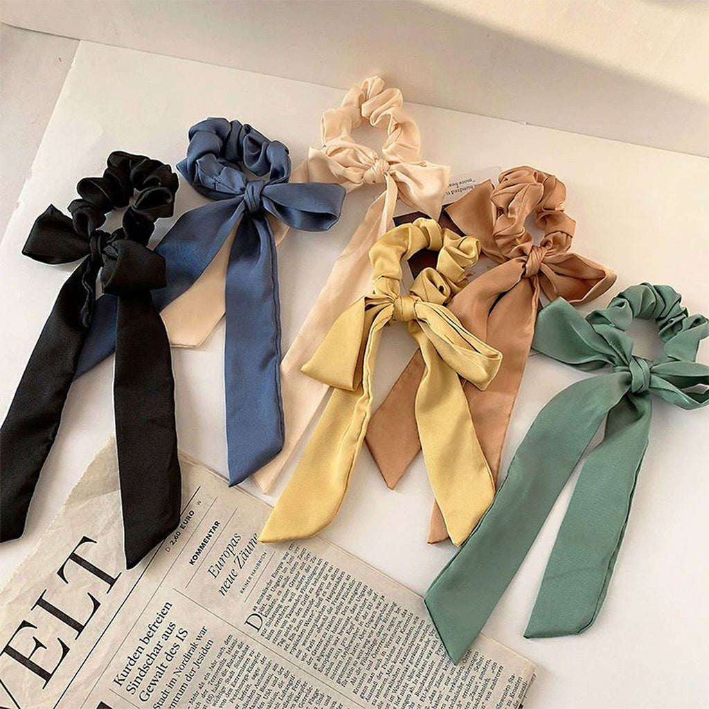 Anna-Kaci Knotted Bow Satin Hair Scrunchies Ties Elastic Hair Scarf Hair Bands Ponytail Holder for Women Girls