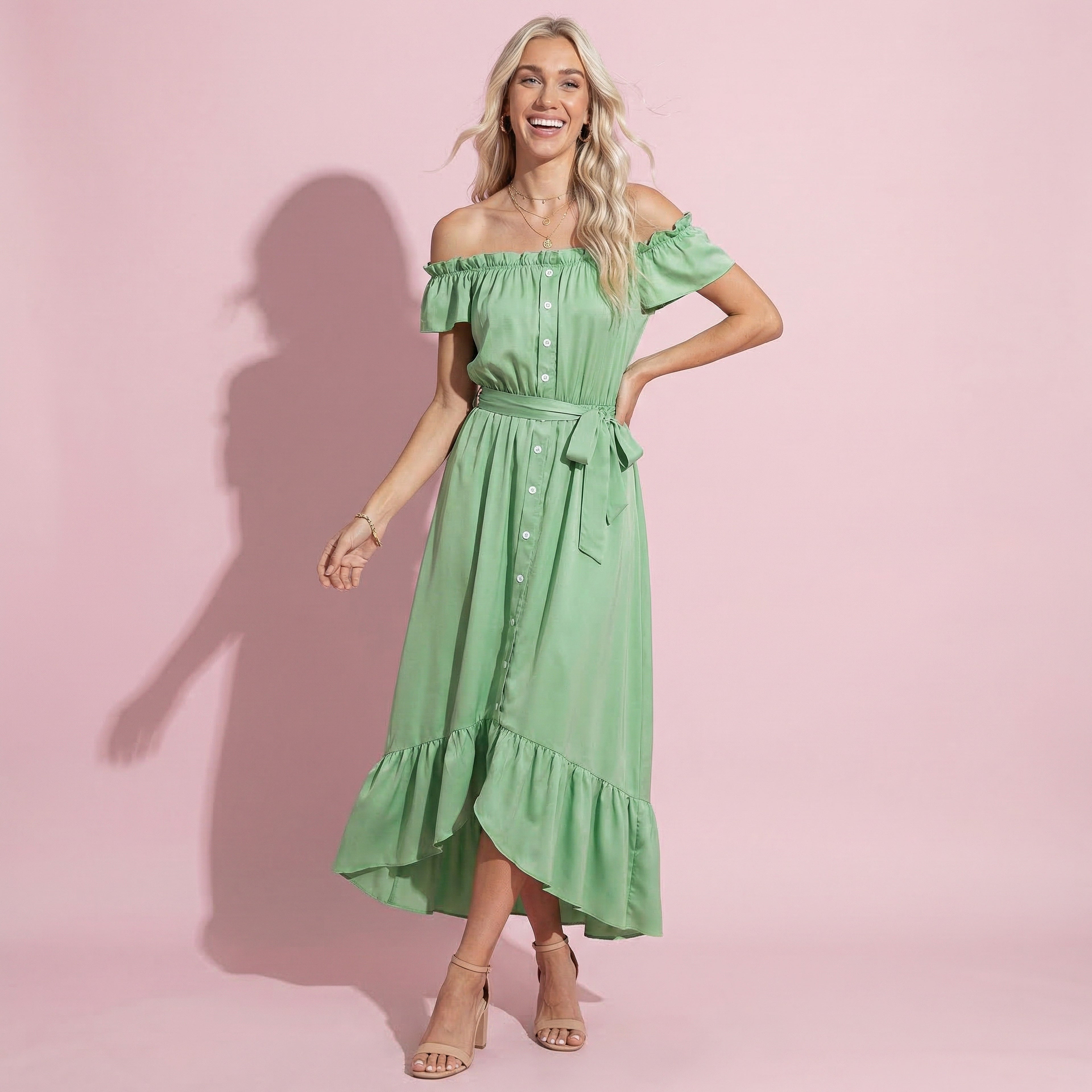 Off Shoulder Belted Summer Dress - Small 0-4 / Green Off Shoulder Belted Summer Dress - Small 0-4 / Green