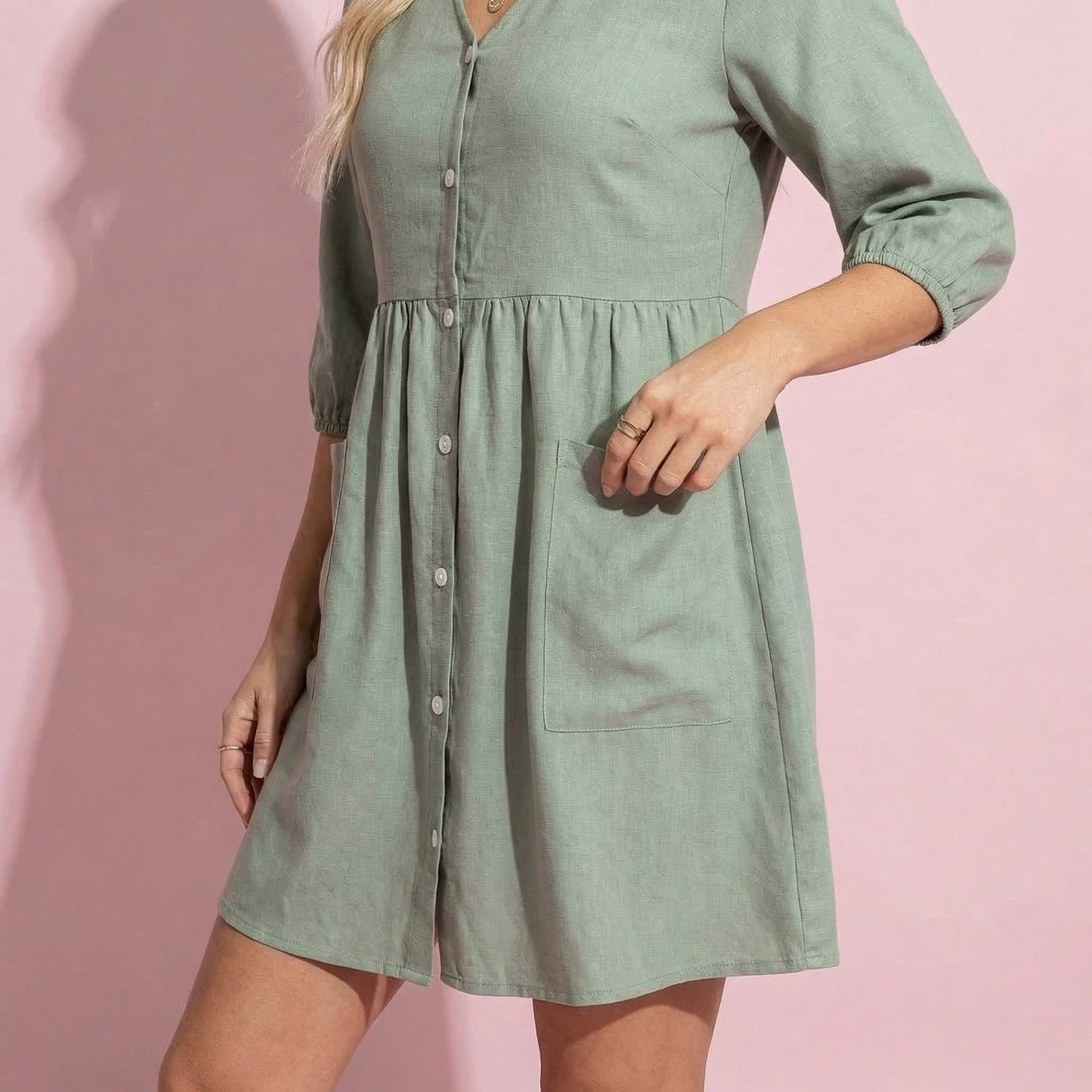 Anna-Kaci Women's Button Front Mini Dress with V Neckline Puff Sleeves and Side Pockets