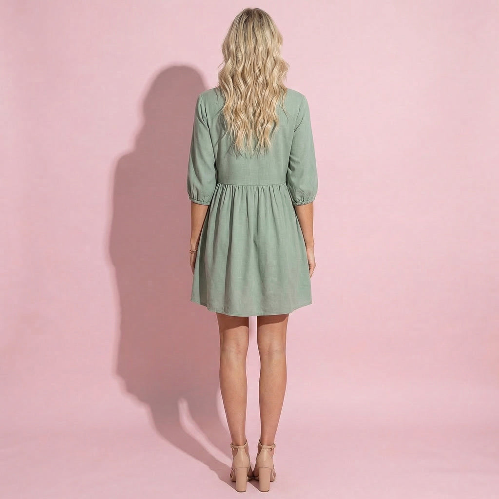 Anna-Kaci Women's Button Front Mini Dress with V Neckline Puff Sleeves and Side Pockets