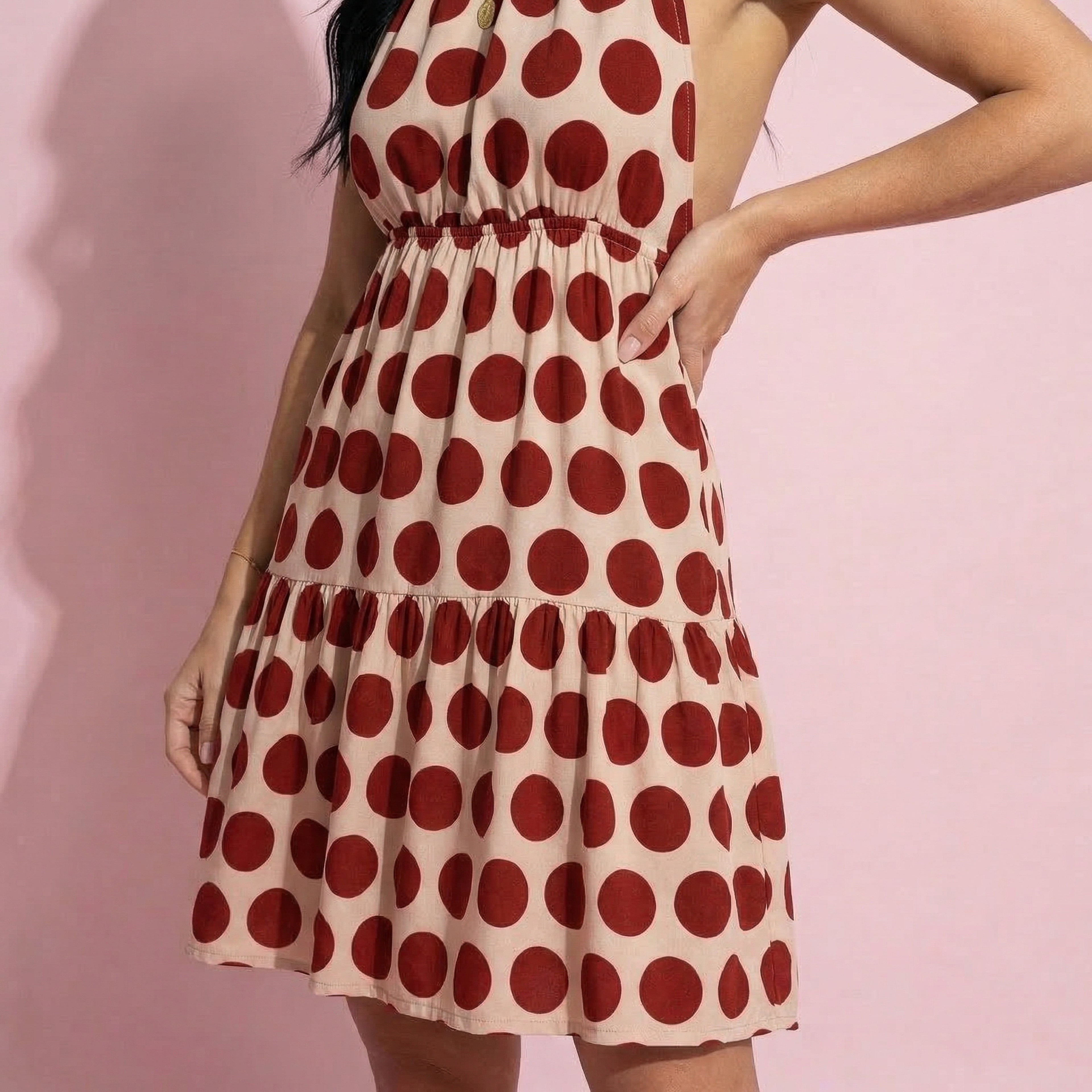 Halter Neck Backless Polka Dot Print Tiered Dress Above Knee Length Anna-Kaci Halter Neck Backless Polka Dot Print Tiered Dress Above Knee Length Anna-Kaci