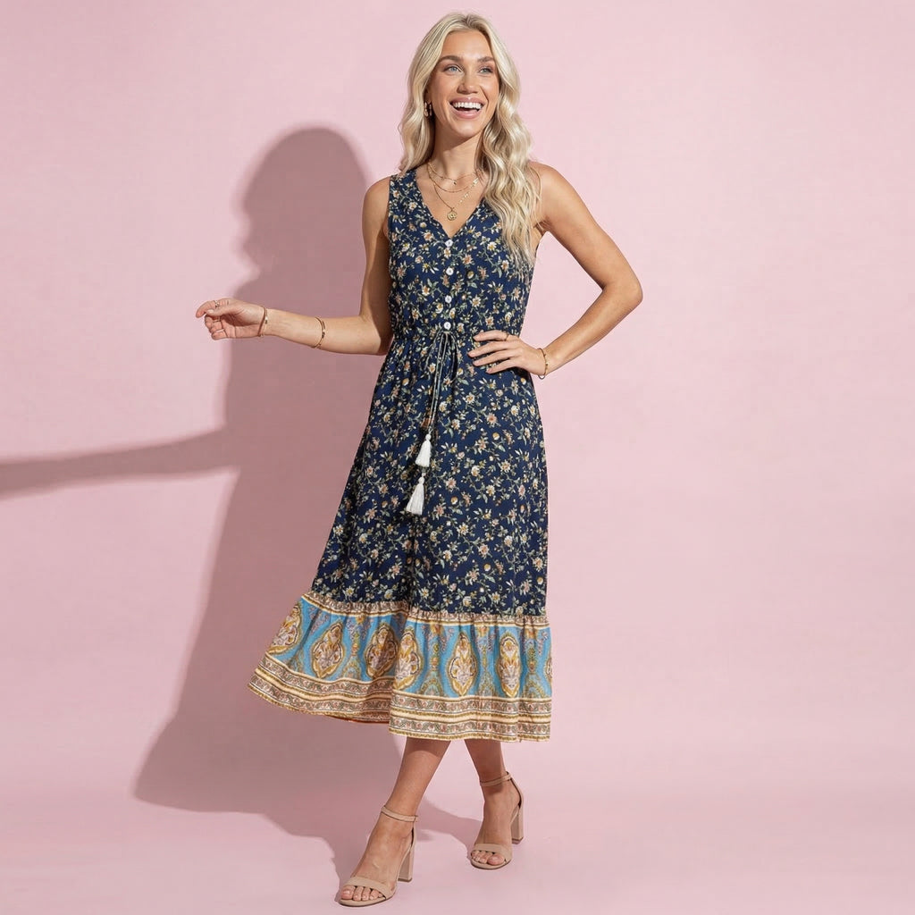 Boho Drawstring Tassel Dress