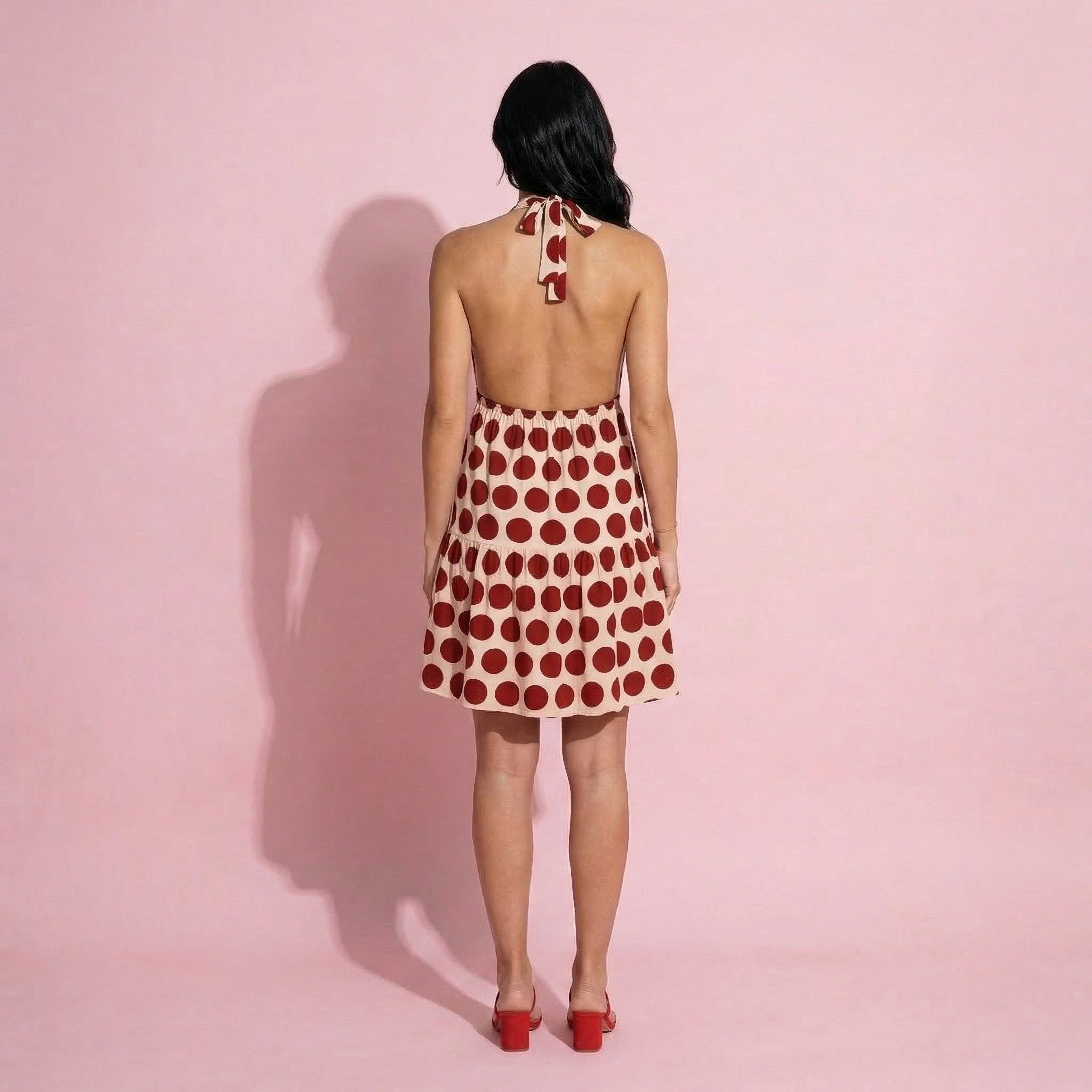 Halter Neck Backless Polka Dot Print Tiered Dress Above Knee Length Anna-Kaci Halter Neck Backless Polka Dot Print Tiered Dress Above Knee Length Anna-Kaci